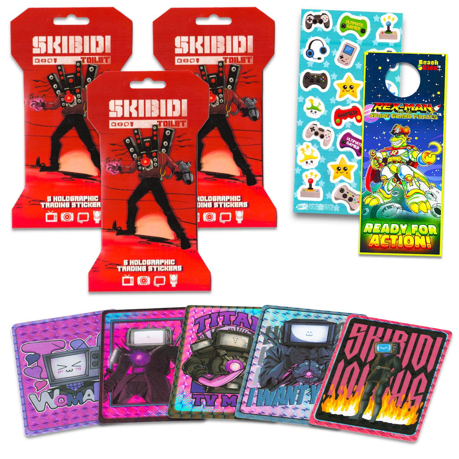Skibidi Toilet Holographic Sticker 3 Pack Set - Bundle with 3 Skibidi Toilet Blind Packs Plus More | Premium Collectible Trading Sticker Cards for