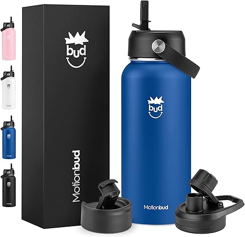 Miniatura 8 de Motionbud Botella de agua de 22 onzas, botellas de agua con aislamiento de doble pared de acero inoxidable, boca ancha, 3 tapas a prueba de fugas