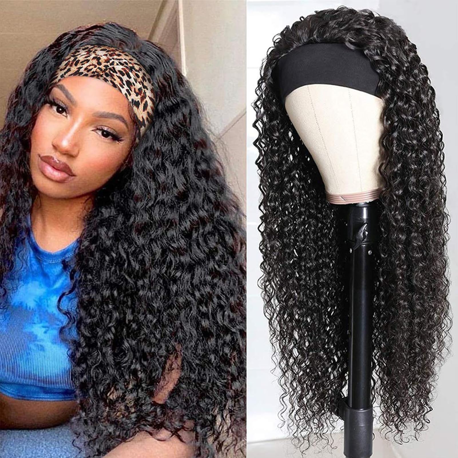 Deep Wave Headband Wigs Human Hair for Black Women 200% Density Brazilian Virgin Human Hair None Lace Front Wigs Machine Made Wigs Glueless Deep Curly