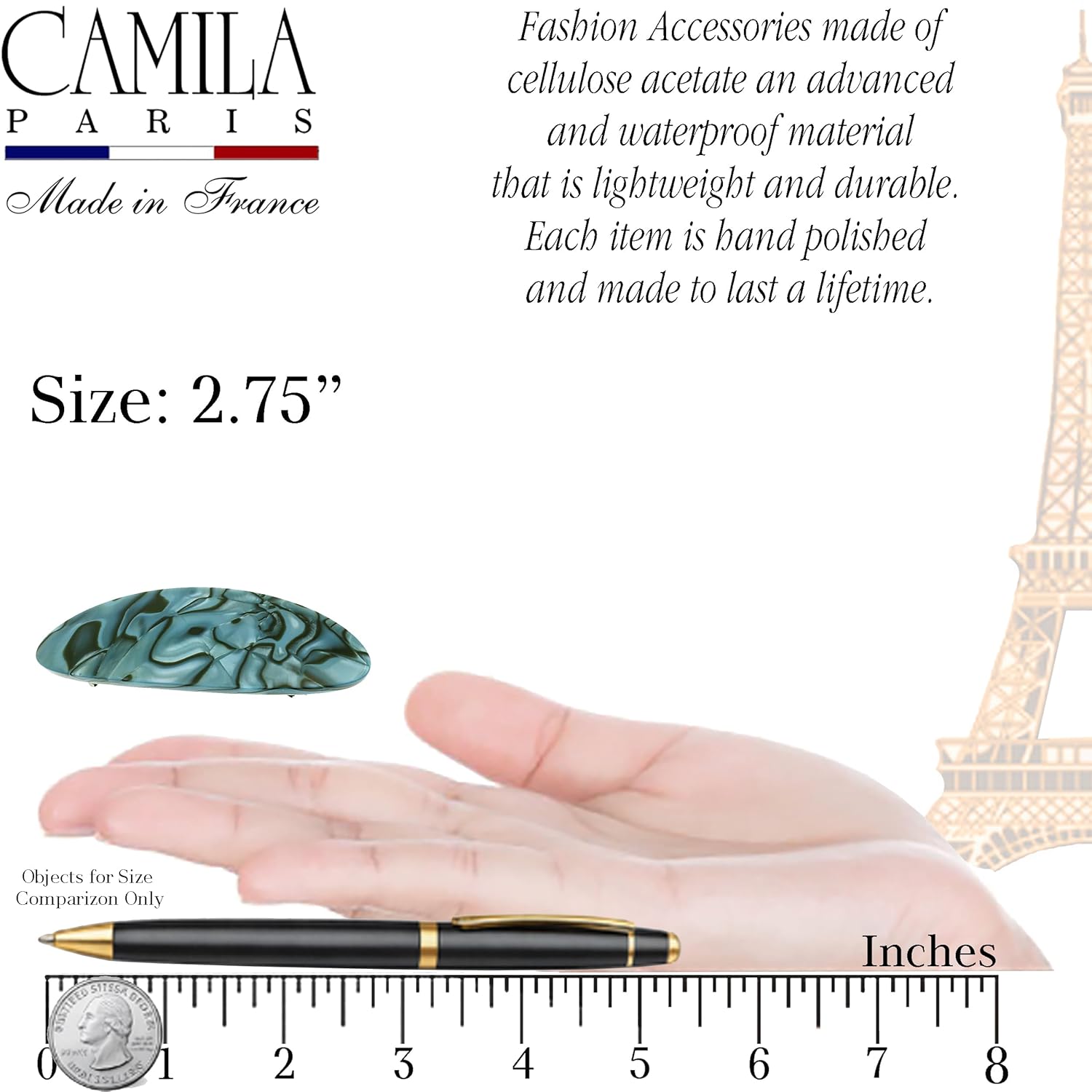 Camila Paris CP2984 French Hair Barrette Clip Handmade Oval Blue, Strong Hold Grip Hair Clips for Women, No Slip Rubberized Metal Closure, Durable Styling Girls Hair Accessories, Made in France