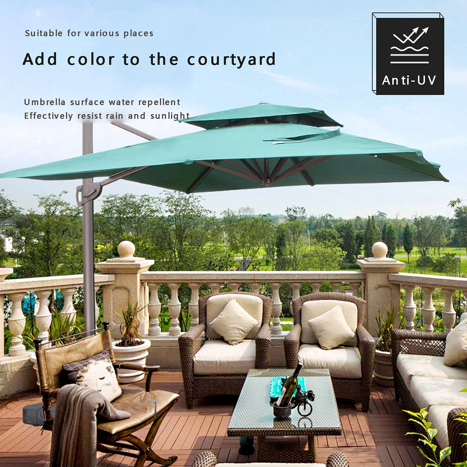 Parasol Excentrico, Sombrilla Patio para Exteriores, Parasol Resistente al Viento con Base de Inyección de Agua, 8 Varillas Resistentes para de Terraza de Jardín, Piscina, Patio,Marrón,3x3m