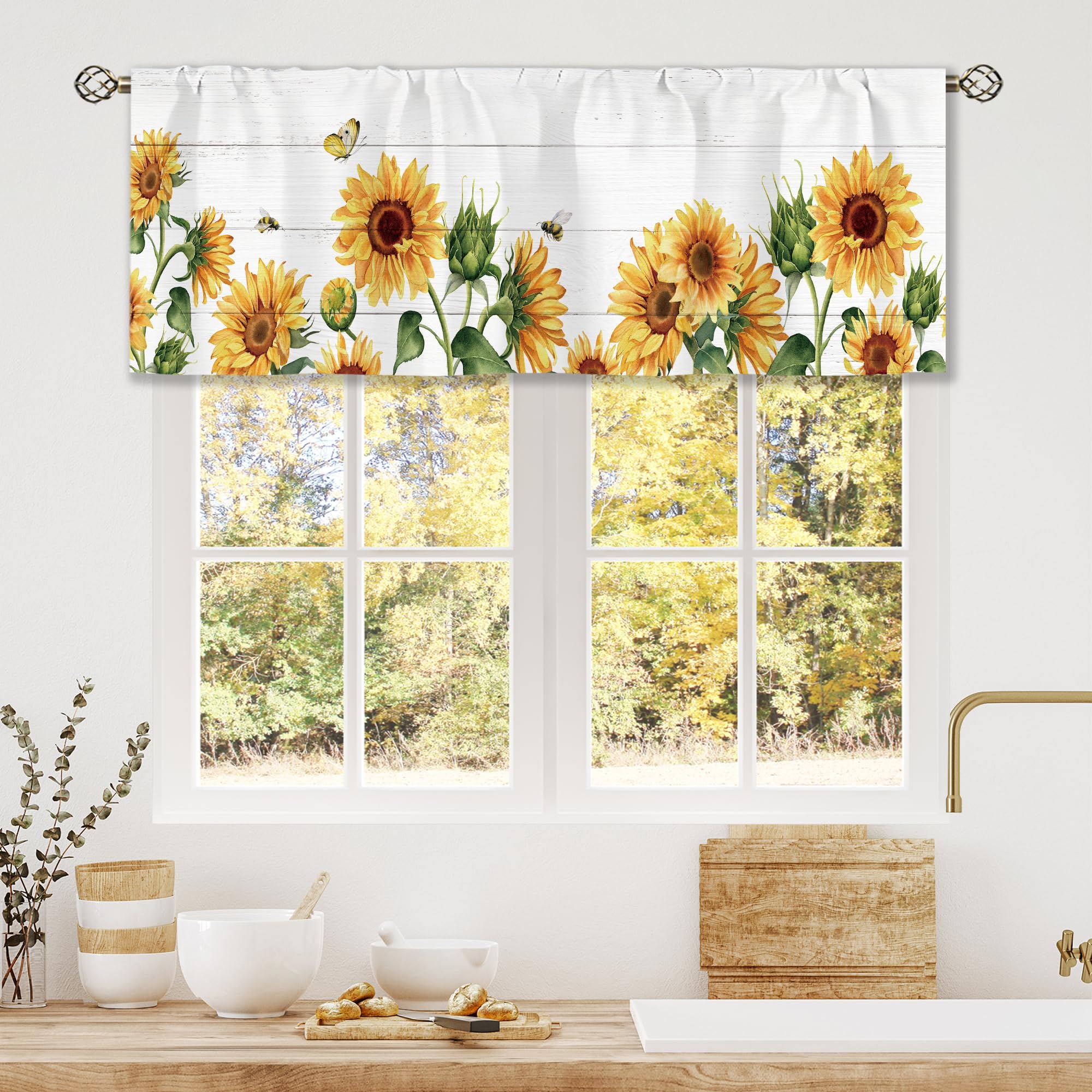 Laifzere Sunflower Blockout Window Treatment Curtain, Floral Flowery Sheer, Rustic Rod Pocket for Kitchen, Farmhouse Window Treatment, Country Curtains for Bathroom, Bedroom — image 1
