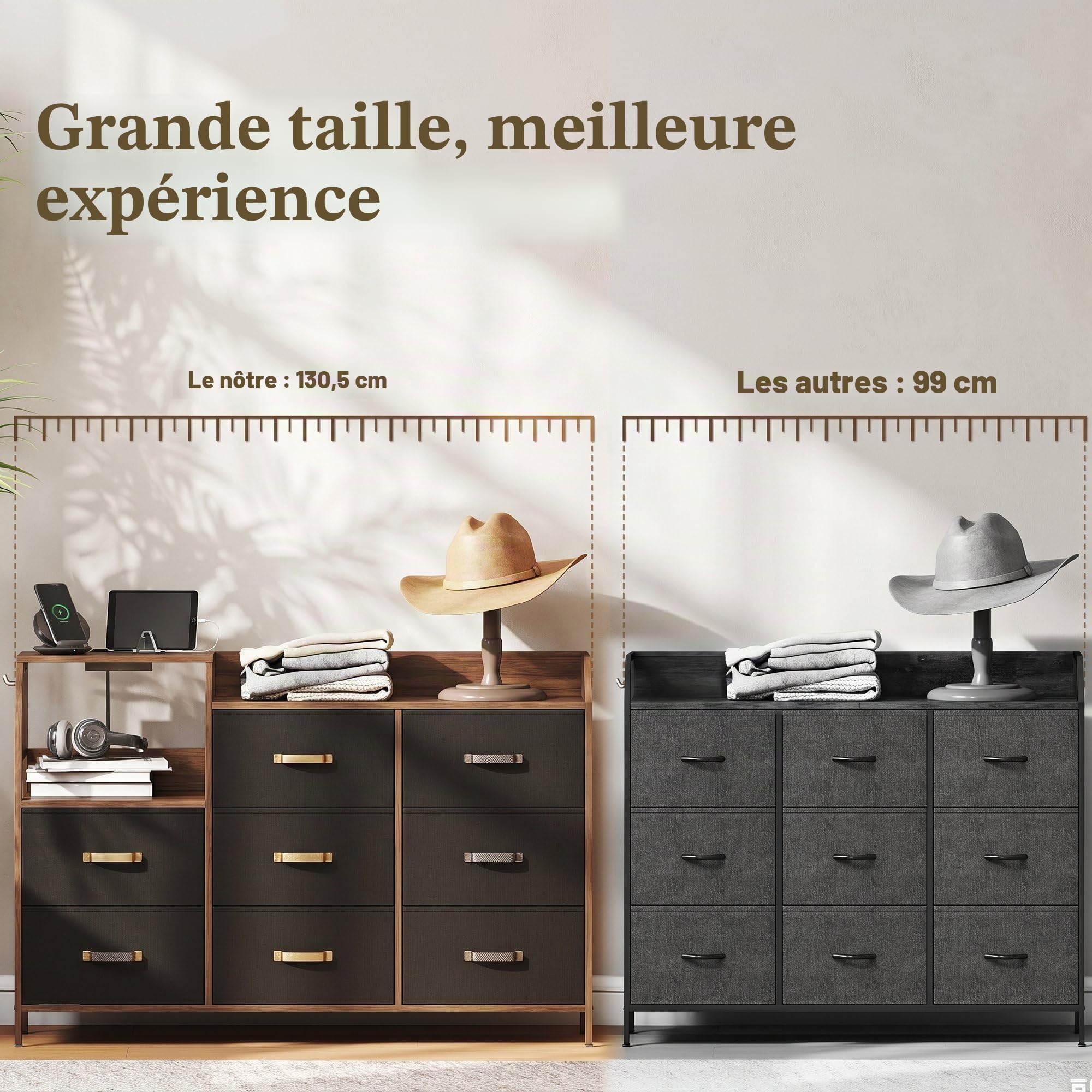 HOMCOM Commode avec Station de Recharge, 8 tiroirs en Tissu Pliables, Commode Chambre, Meuble de Rangement, étagère Ouverte et Crochets, Cadre en Acier, pour Chambre, Salon, Couloir, Marron Rustique | Meuble de Rangement, Étagère Ouverte, Crochets, Cadre