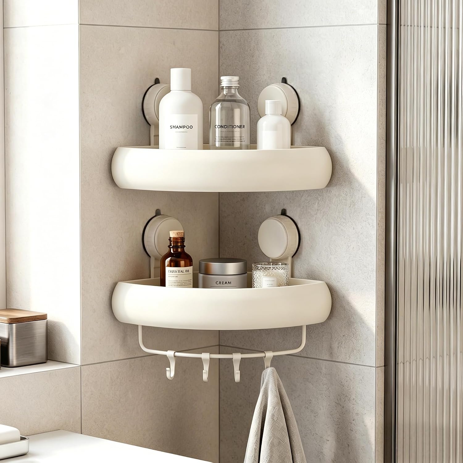 Corner Shower Caddy Suction Cup,2 Pack Cream White No-Drilling Shower Shelves,Rust Proof Shower Racks for Inside Shower with Removable Hooks and Towel Bar