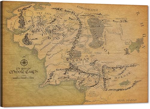 GUTTATY Lienzo decorativo para pared, diseño de mapa de la Tierra Media, impresión HD, póster retro vintage con mapa, obra de arte enmarcada (12