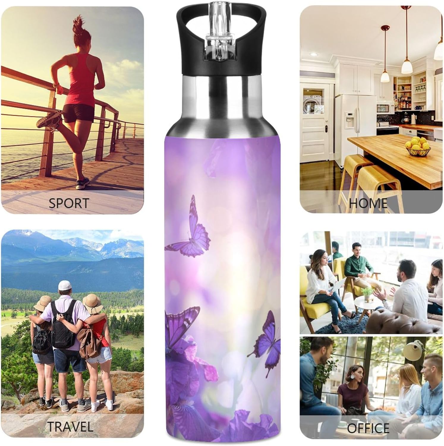 xigua Purple Butterfly Water Bottle with Straw Lid Vacuum Insulated Stainless Steel Thermo Flask for Sports Cycling Hiking School Home,20 oz.