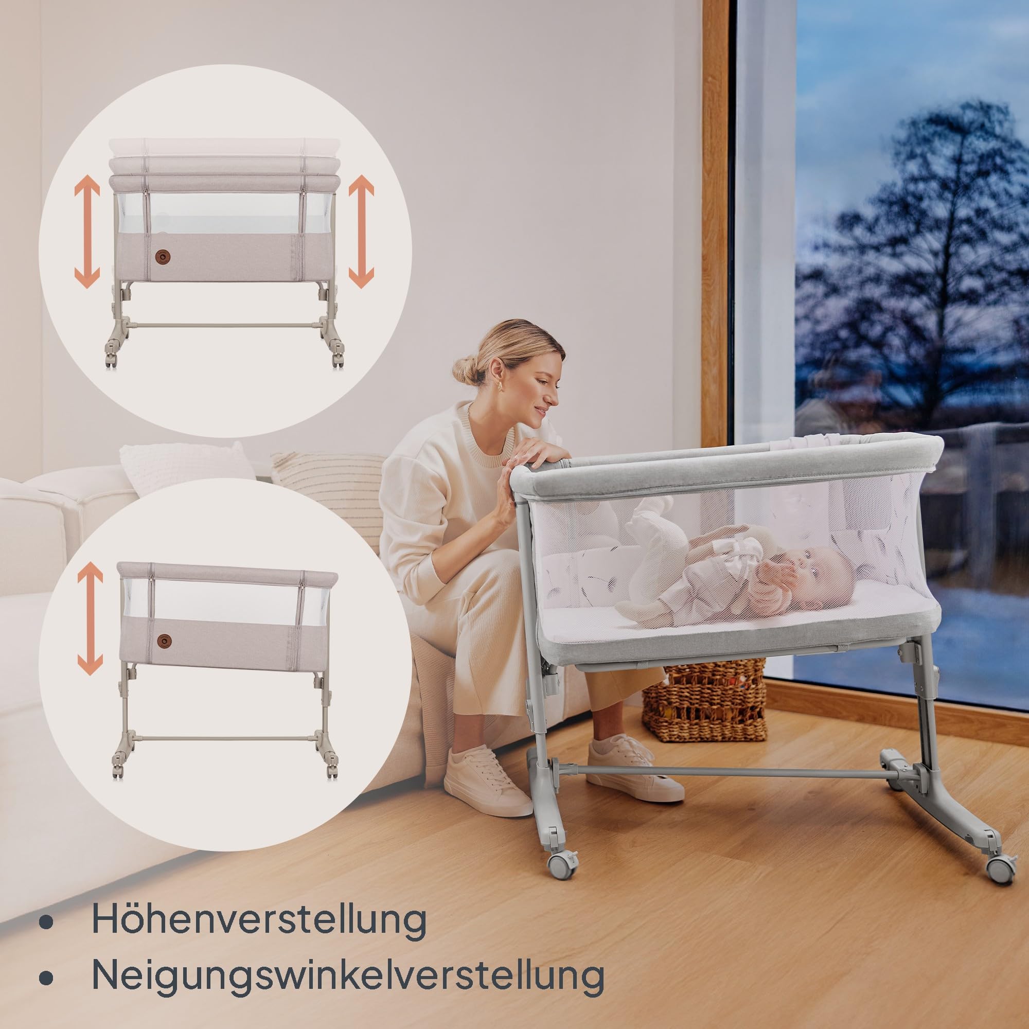 Lionelo Aurora 3 in 1 Babybett bis 9 kg, Beistellbett, Wiege, Höhenverstellug und Einstellung der Neigung der Matratze, 4 Räder mit Bremse Ergonomische Matratze Tasche