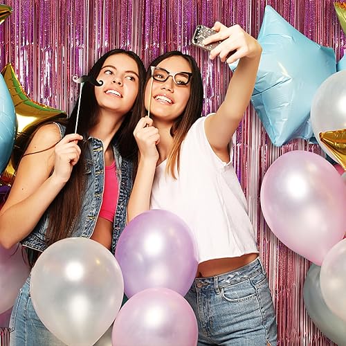 Miniatura 4 de Paquete de 2 telón de fondo rosa para decoración de fiesta, cortina de oropel para fiesta, telón de fondo de papel de aluminio con flecos,