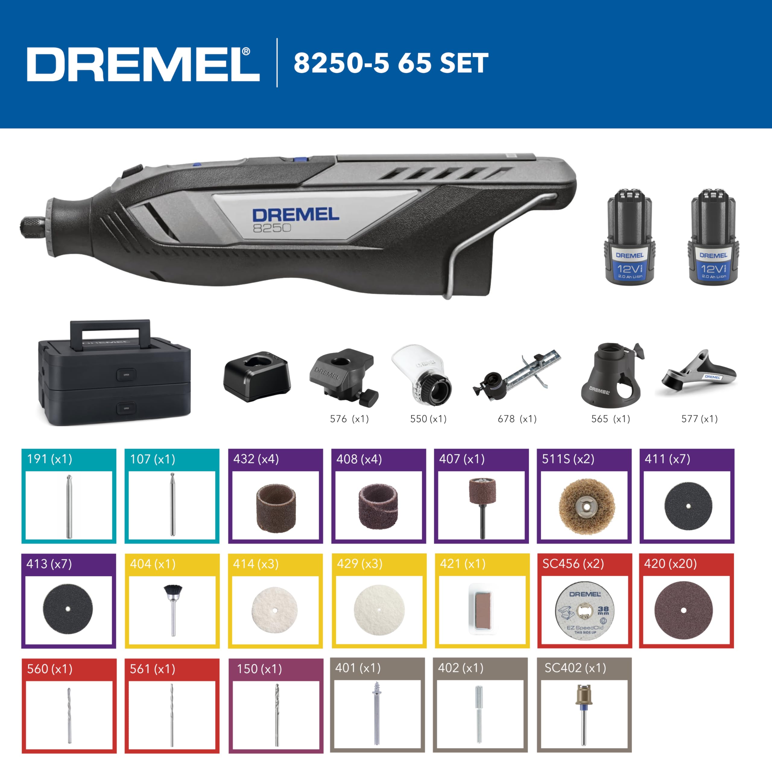 Dremel 8250 12V Akku-Rotationswerkzeug 5.000-30.000 U/min Bürstenloser Multifunktionswerkzeug Set mit Box, 65 Zubehören