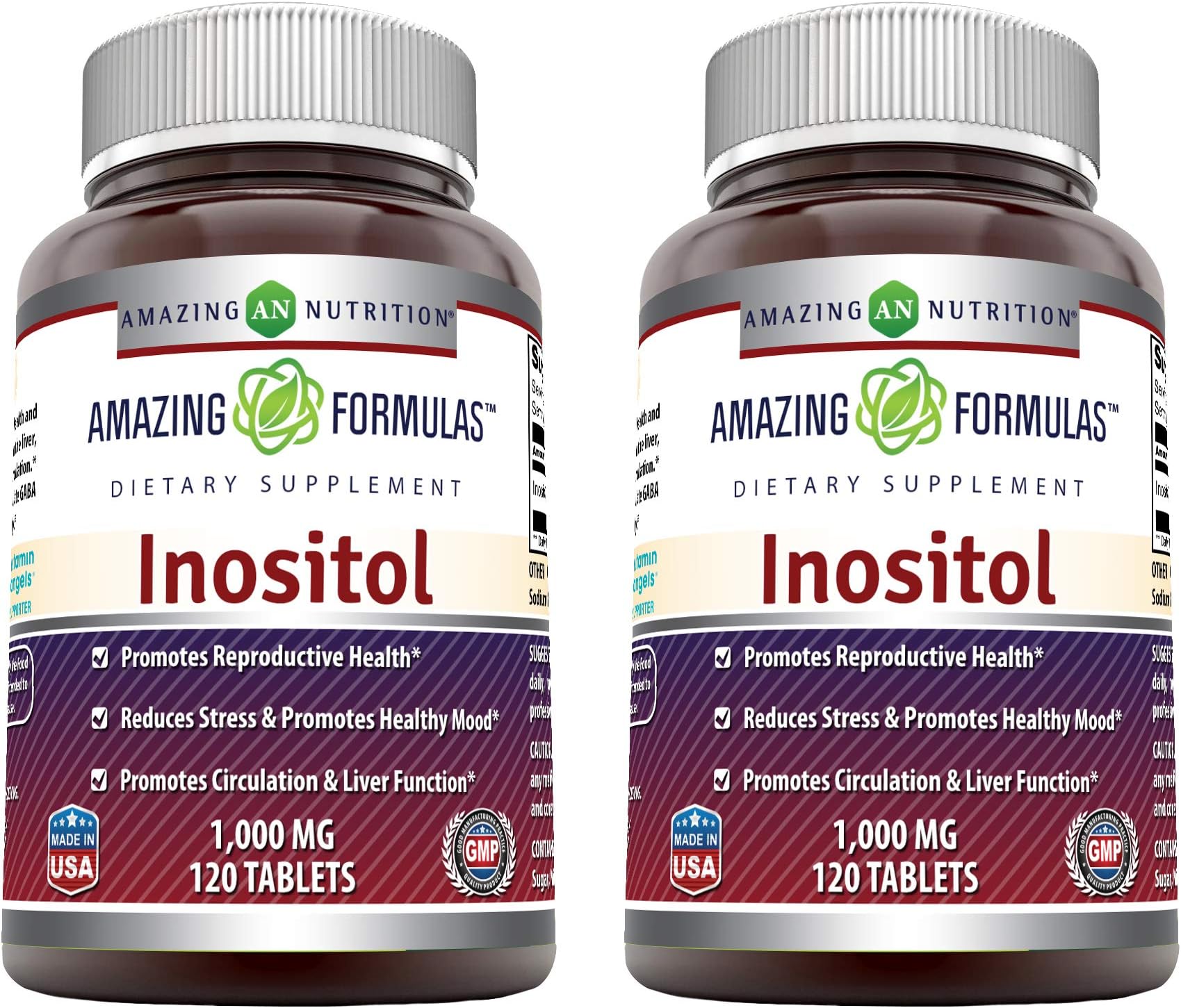 amazing nutrition Formulas Inositol - 1000 Mg, Tablets - Promotes Reproductive Health - Reduces Stress & Promotes Healthy Mood - Promotes Circulation & Liver Function (120 Count (Pack of 2))