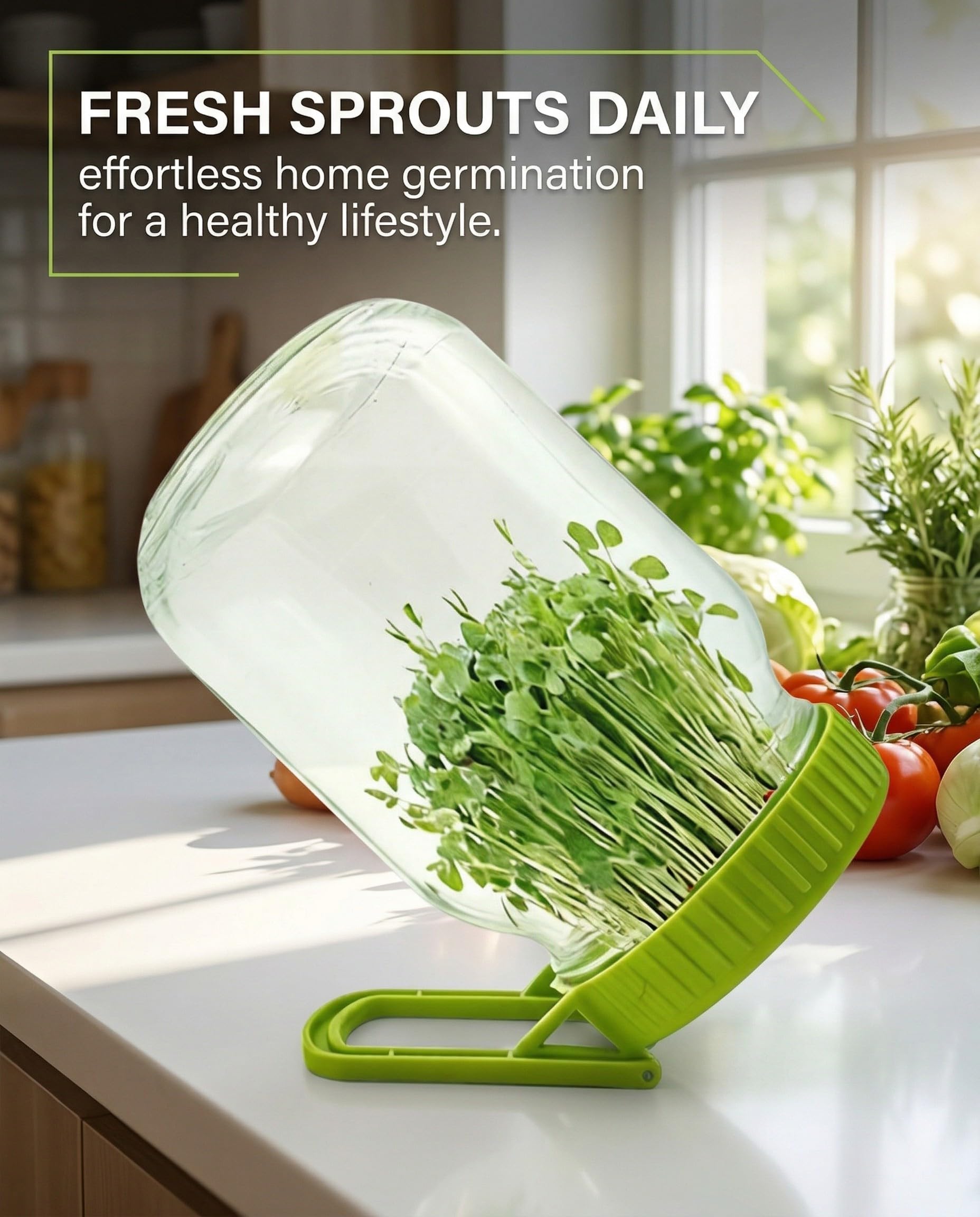 Couvercle de Germination 1 Pcs, Germoir avec Support Incliné pour Bocaux Large Ouverture. Grille Aérée, Ventilation Optimale, Drainage Facile pour Germes Saines & Bio.