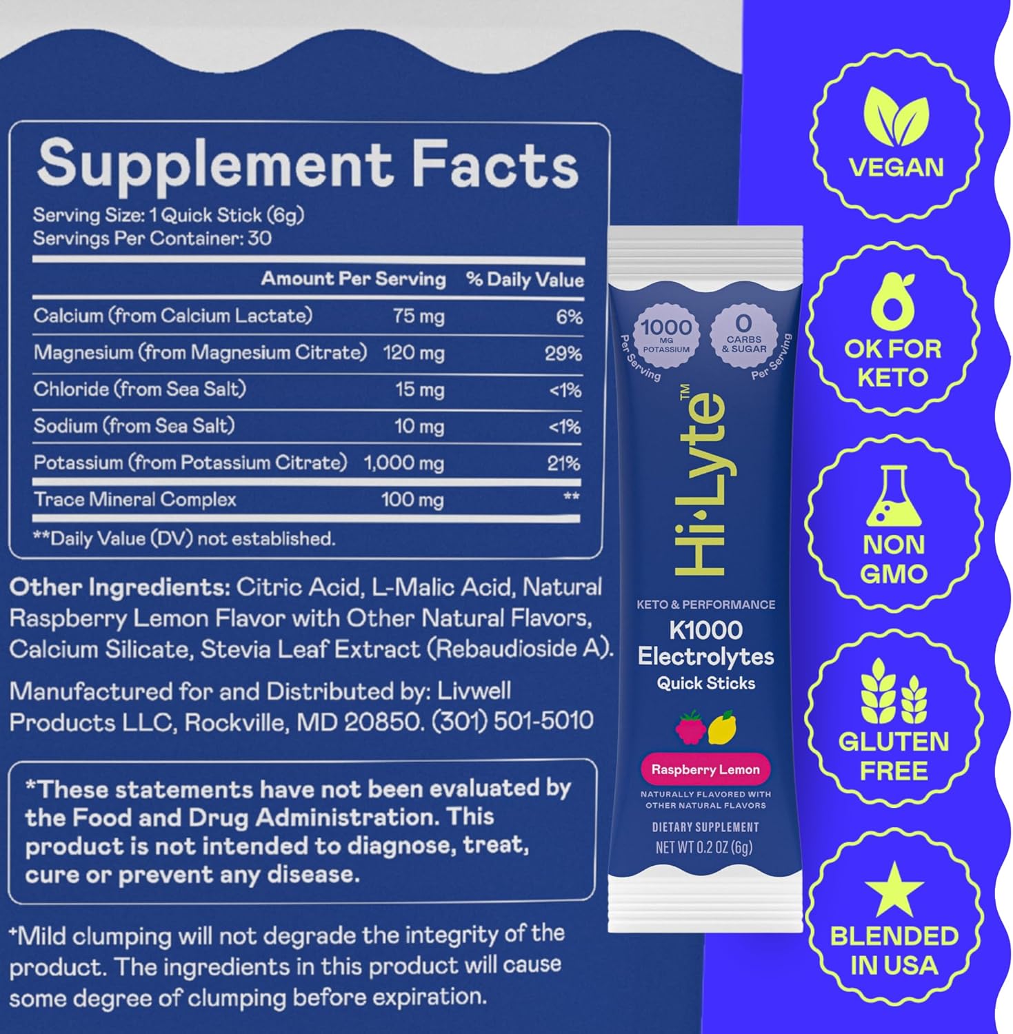 Hi-Lyte K1000 Electrolytes Powder Packets Raspberry Lemon, 30 Servings