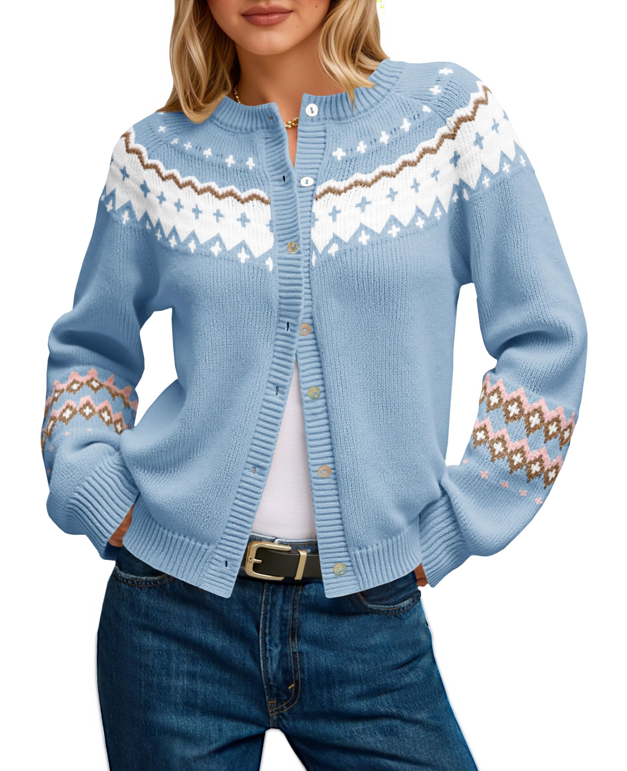 Saodimallsu Womens Fair Isle Sweater Button Up Long Sleeve Cardigans Crew Neck Open Front Knit Vintage Sweater Coats