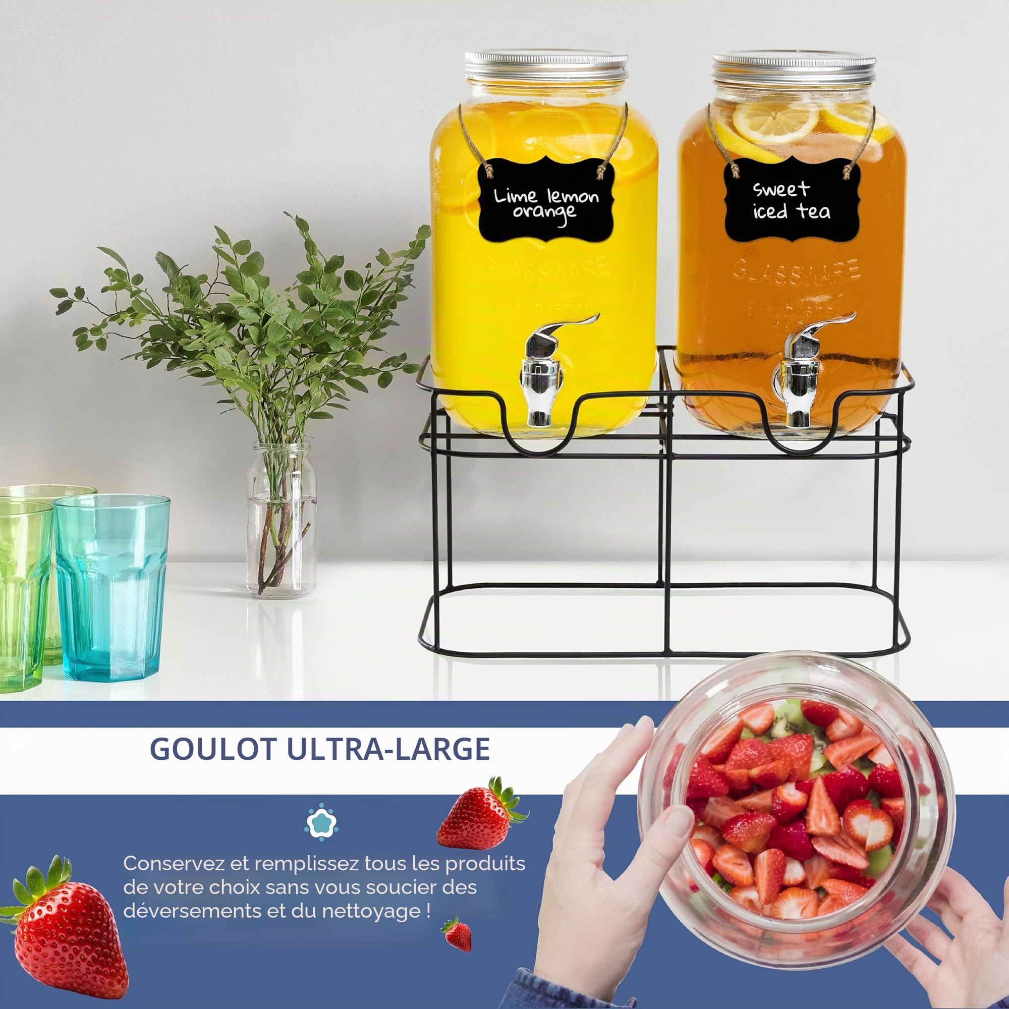 HEFTMAN Distributeur de boissons en verre avec robinet - 2 x 4 litres | Distributeur de boissons Mason Jar avec robinet étanche et support en fil métallique