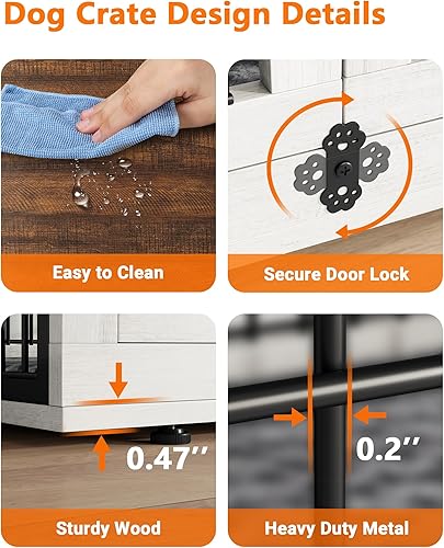 Miniatura 6 de Mueble de jaula para perros con cojín, perrera de madera para interiores con puertas dobles, jaula para perros con ruedas, mesa auxiliar lateral de