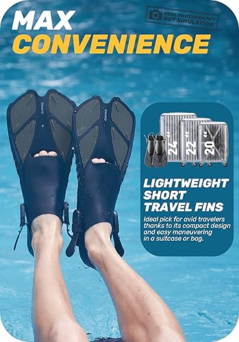 Vista 13 de CAPAS - Aletas de natación de talón abierto, tamaño de viaje, cortas, ajustables para buceo, adultos, hombres, mujeres y niños Negro