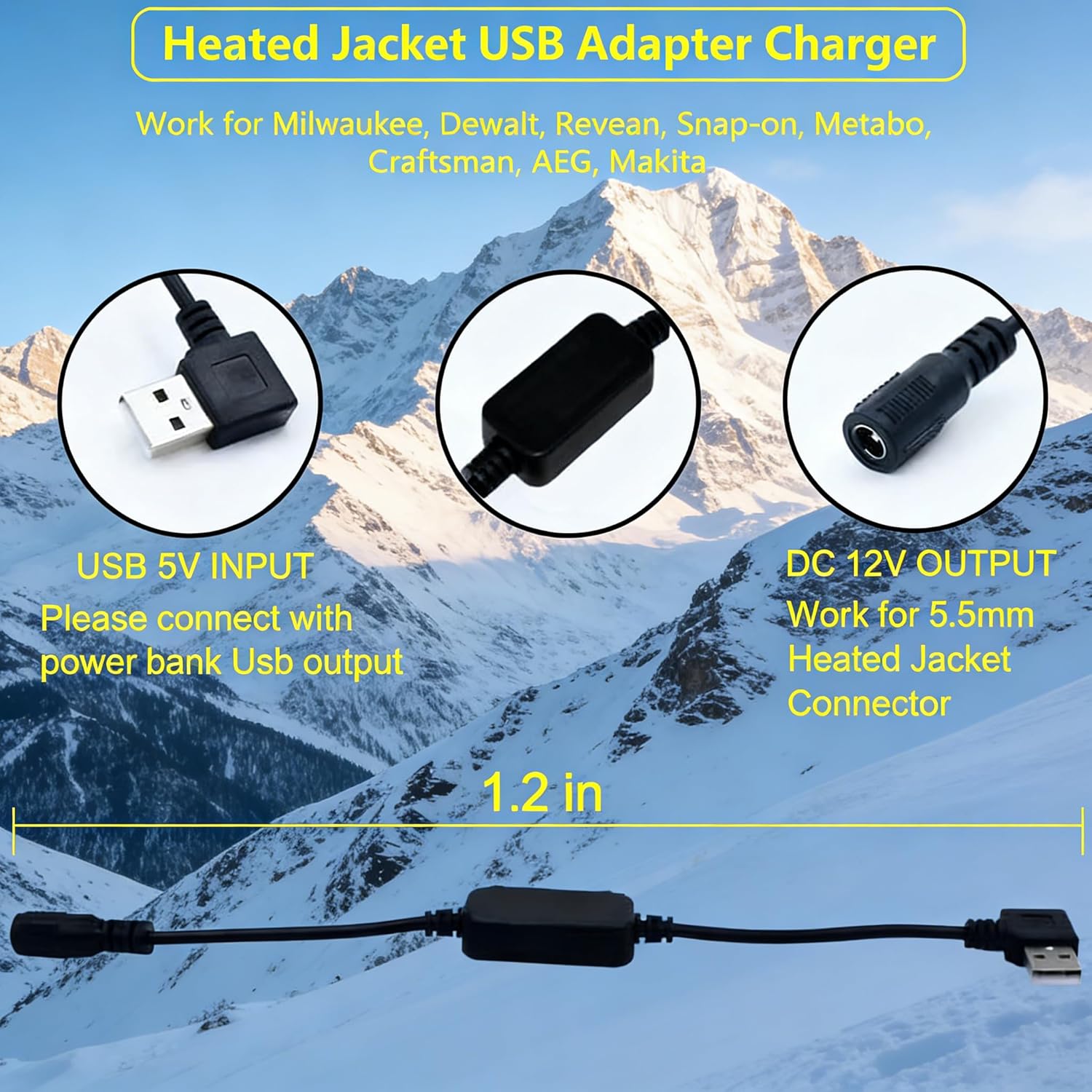 Heated Jacket Adapter Charger USB Voltage Step Up Cable for Metabo, Milwaukee, Dewalt, Makita, Snap-on, Revean, Craftsman,Ryobi, Rigid, AEG(USB Step-Up Cable Only Working for 12V Jackets)