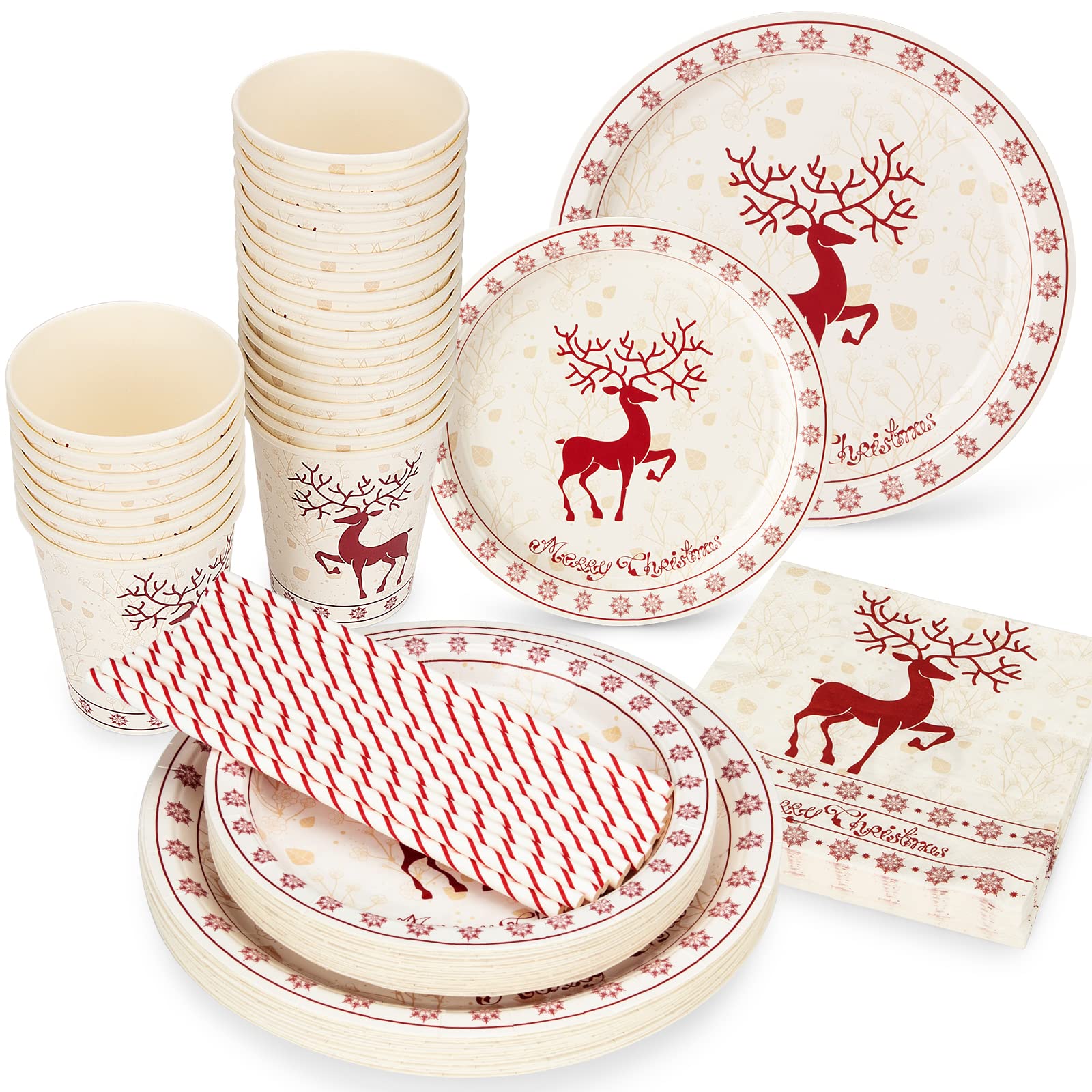 Weihnachts Partygeschirr Set Für 10 Gäste – 50-teilig (Teller, Becher, Servietten), Festliches Design, Aus Dickem Papier