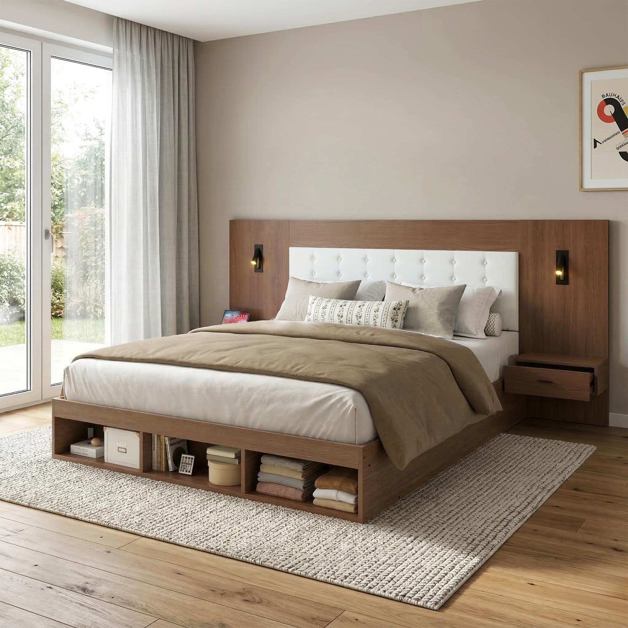 Letto matrimoniale 180x200 con USB e Type-C e lampada da lettura, Letto contenitore con 2 comodini, Struttura letto matrimoniale Legno legno di noce (Senza Materasso)