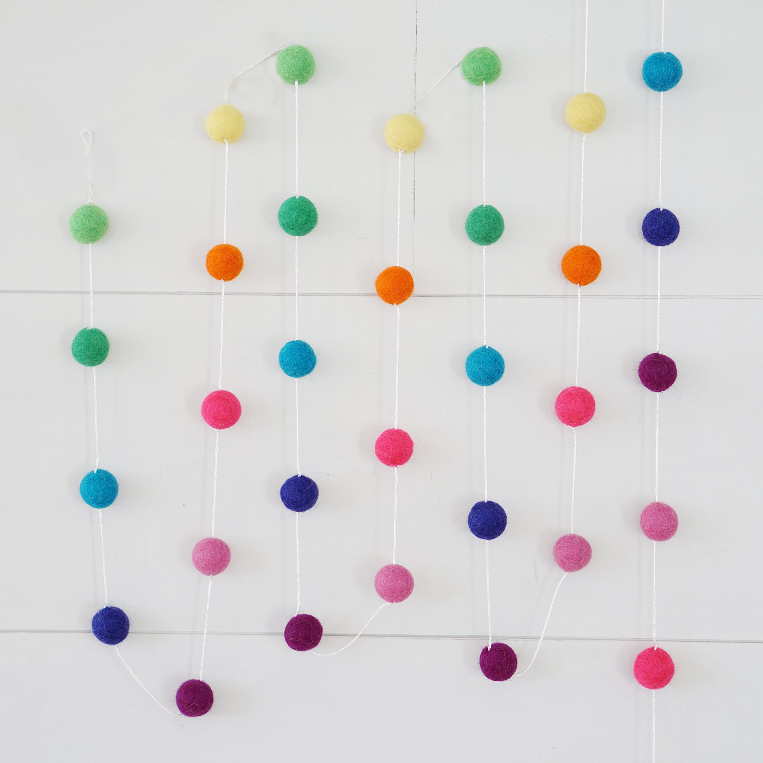 100% Wool Felt Ball Garlands 9FT Long 35 Balls - Rainbow Brights Colorful