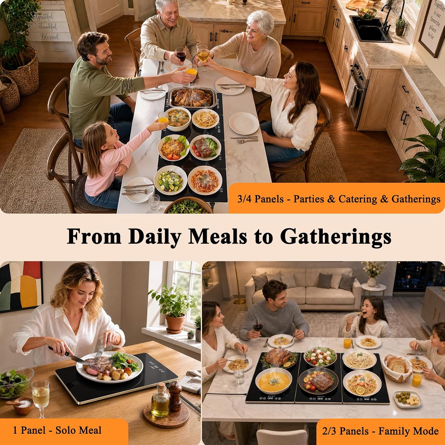 FYY Electric Warming Tray - 4-Panel Modular Glass-Top Food Warmer Mat Black