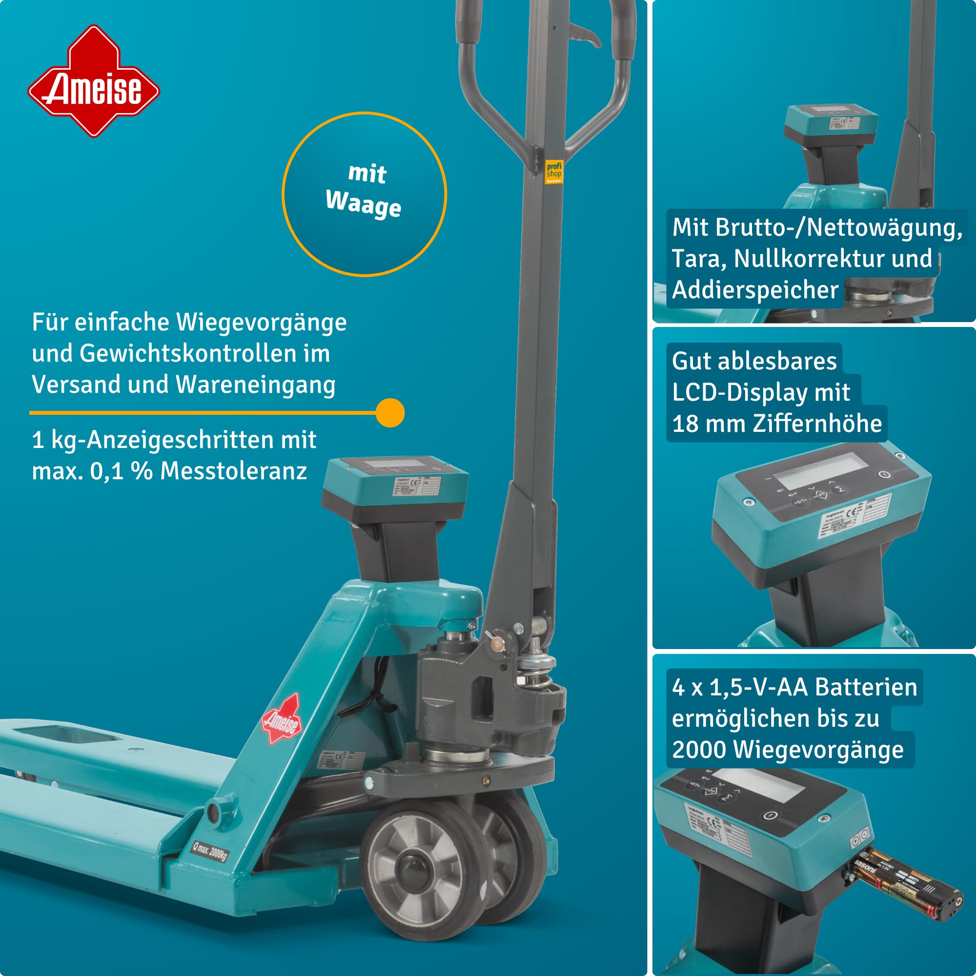 Ameise Hubwagen PTM mit Waage | Display mit 1 kg Schritten | 2.000 kg Tragkraft | 1.150 mm Gabellänge | Vollgummi Lenkrad | Polyurethan Tandem-Gabelrollen | Schnellhub bis 120 kg