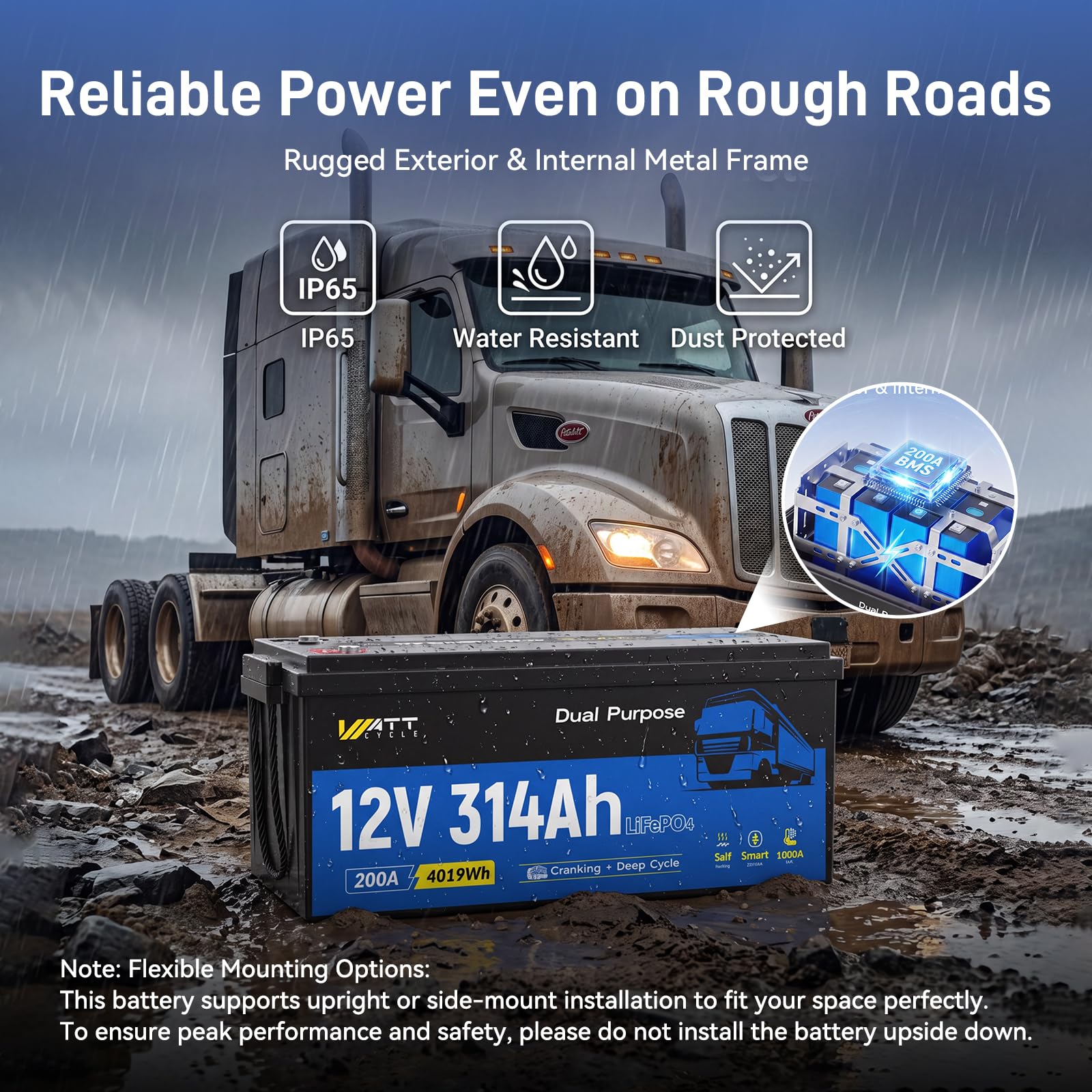 WattCycle LiFePO4 12V 314Ah, 4019Wh, 1800CCA, Batteria per Camper e Camion