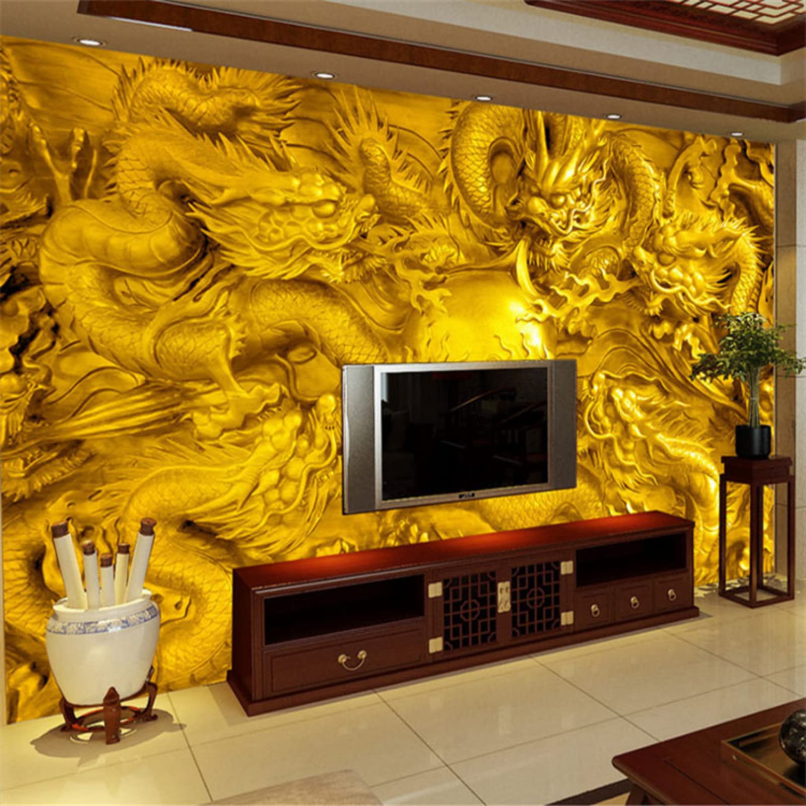 Papier peint 3D dragon d'or fresque murale grand format salon 400x280 cm