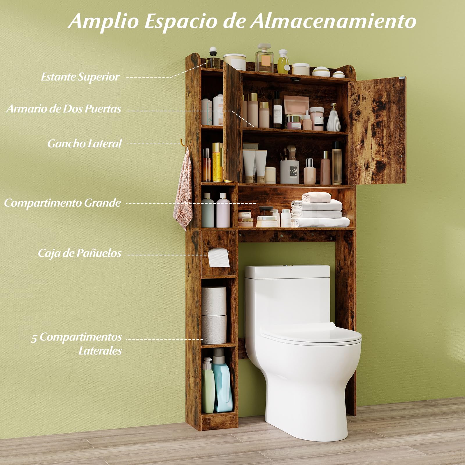 COSTWAY Mueble sobre Inodoro, Armario Independiente para Lavadora con Armario de 2 Puertas, 6 Compartimentos, Caja para Pañuelos, Gancho y Estante Ajustable, Estanterias Alta de Almacenaje (Café)