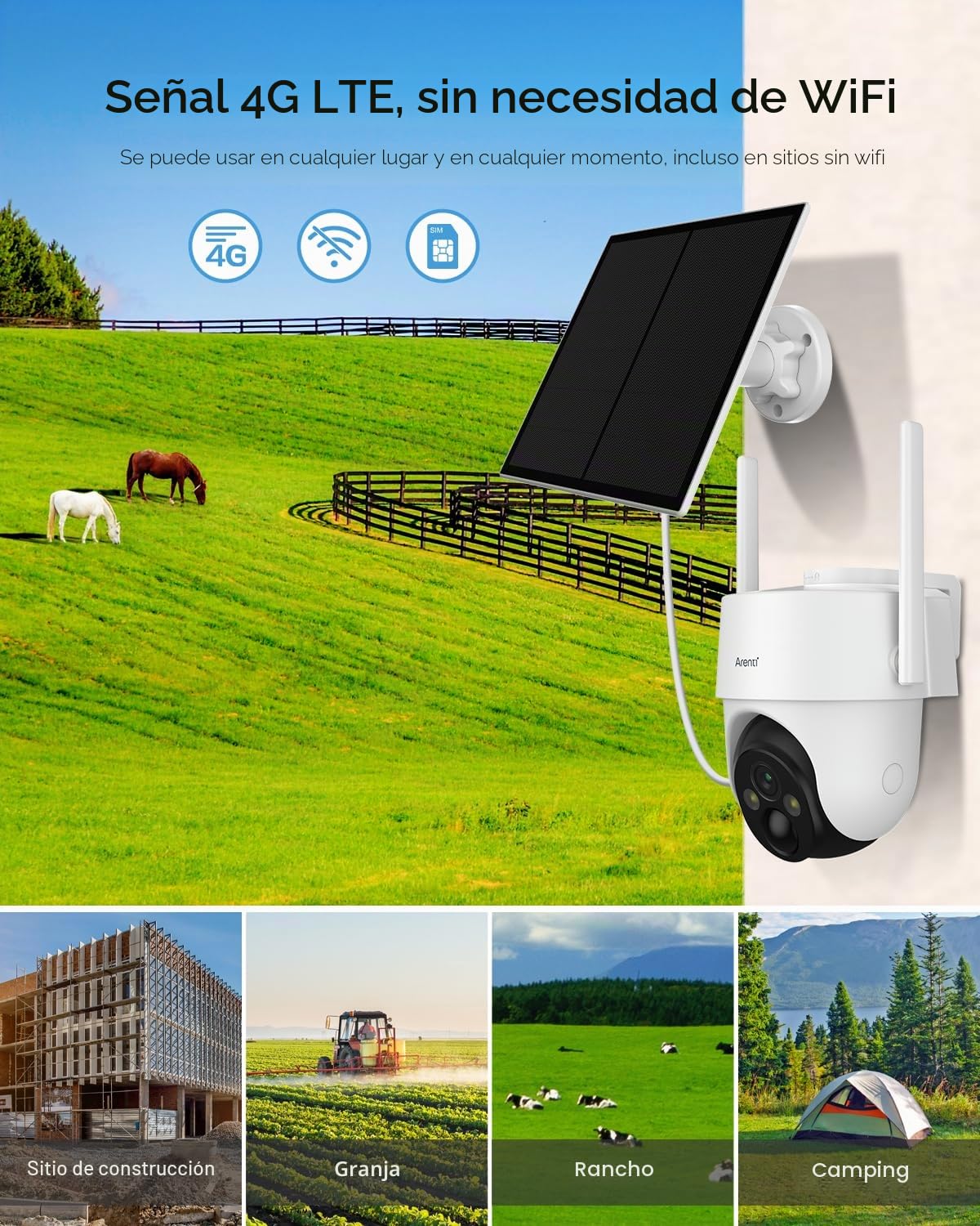 ARENTI 4G LTE Cámara Vigilancia Exterior con SIM Tarjeta, 355° PTZ Cámara Sin Cable con Solar, 2K Cámaras Sin WiFi con Batería 10400 mAh, Detección de Movimiento PIR, Visión Nocturna en Color, IP65