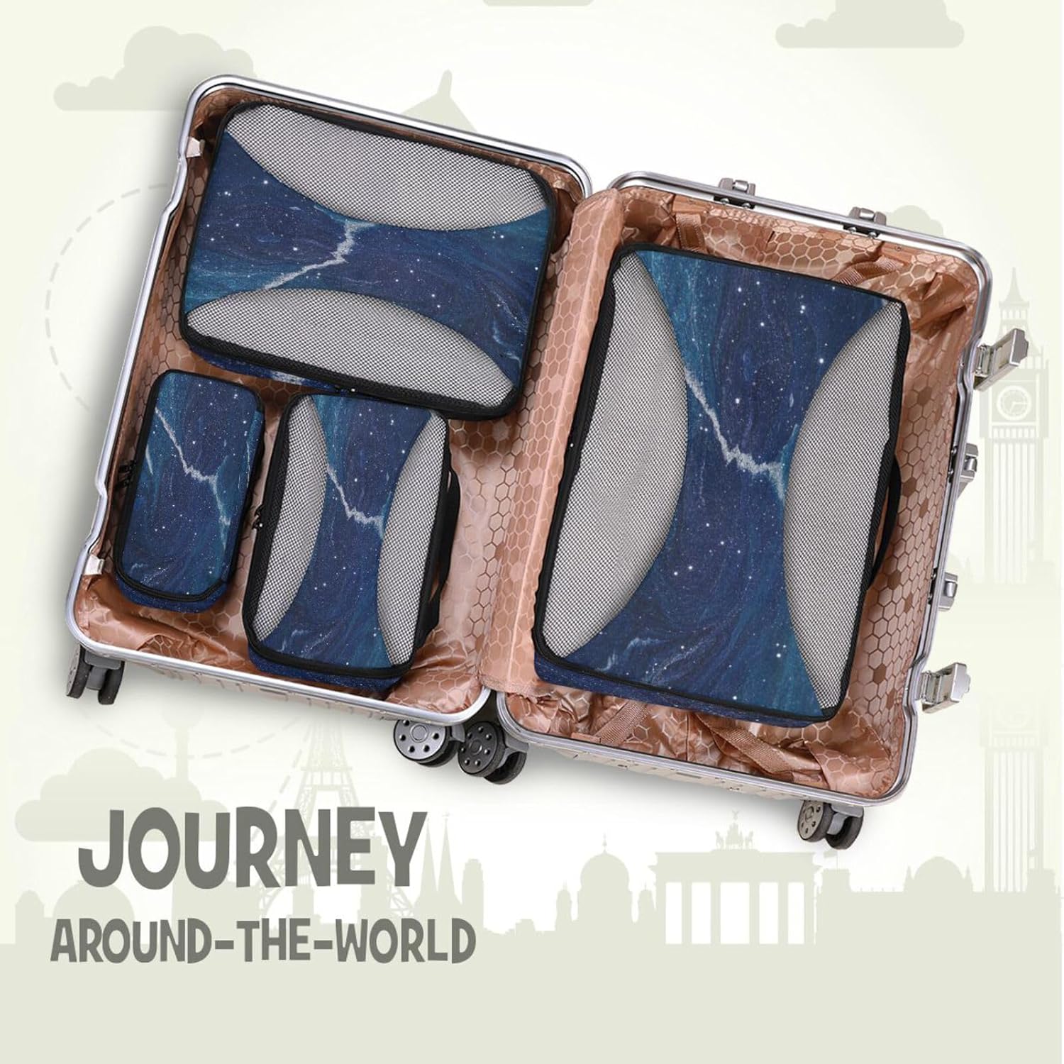 Fake Glitter Marble Grain Blue Universe 4 Pcs set organizers for travel Mesh Travel Essentials lightweight travel cubes for packing