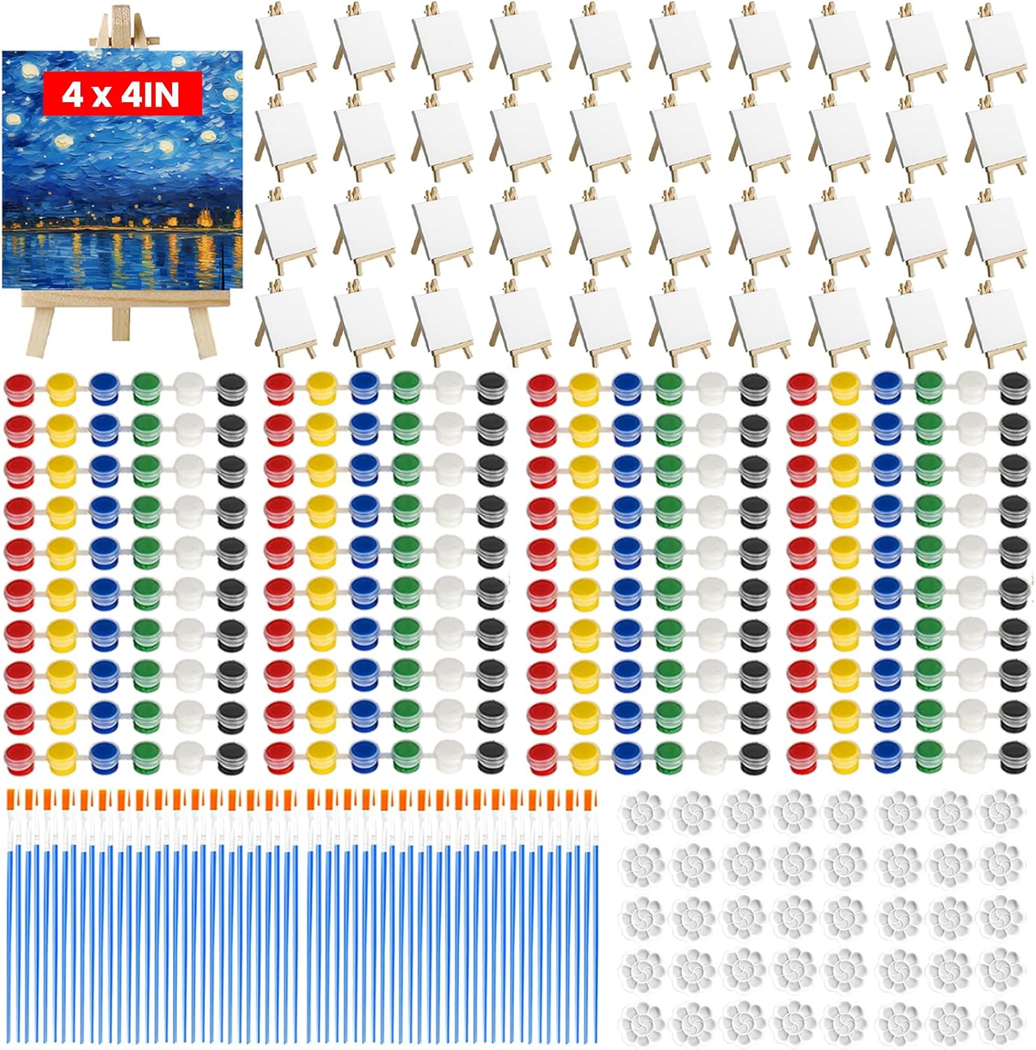 40 Set Mini Canvas Painting Kit, 4x4 Inch Mini Canvases for Painting with Easel, Paint Set, Palettes and Brushes, Small Canvas and Easel Set Bulk for Students Beginners Paint Party Favors