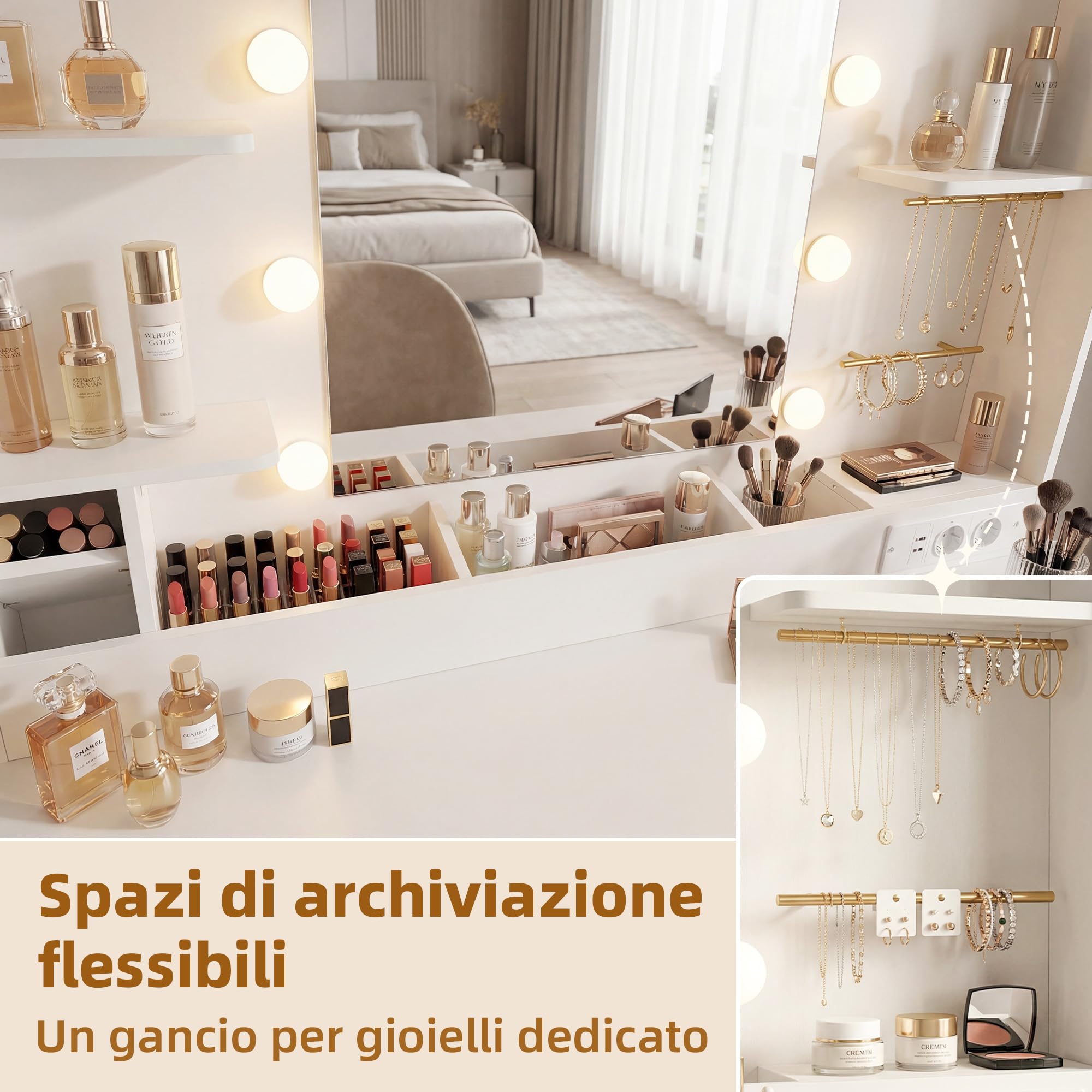 Toeletta Trucco con 10 Luci LED Regolabili e Ganci per Gioielli, Tavolo da Trucco con Specchio Grande, Prese e Porte USB, 6 Cassetti, 5 Scomparti e Porta Phon, Design Moderno, Bianco JBDT002WT