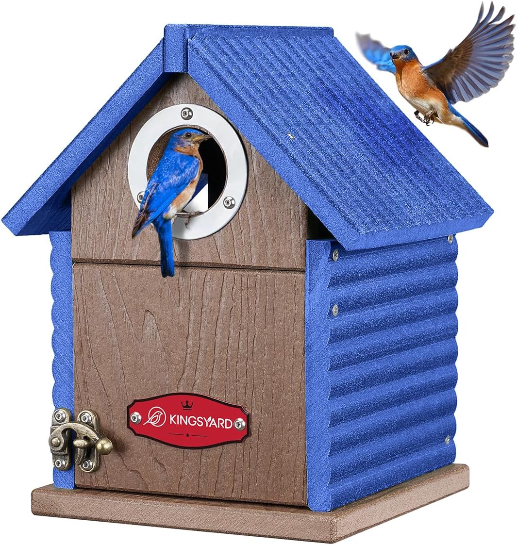 Kingsyard Recycled Plastic Bird House for Outdoors - Weatherproof Nesting Box with Clear View Panel & Predator Guard for Bluebird Wren Swallow Finch, Blue