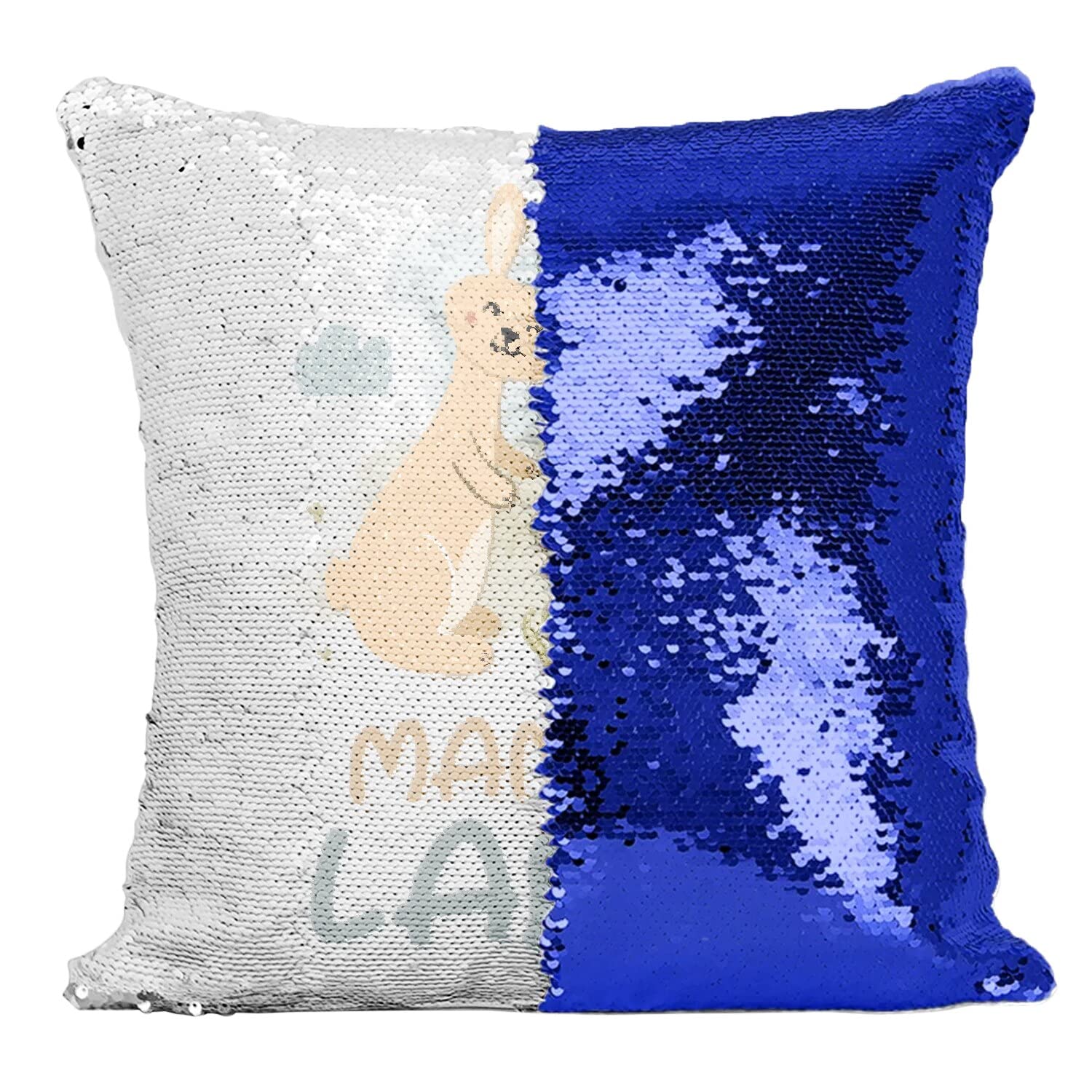 Coussin sequin bleu paillettes maman lapin housse coussin décoration illustration animaux