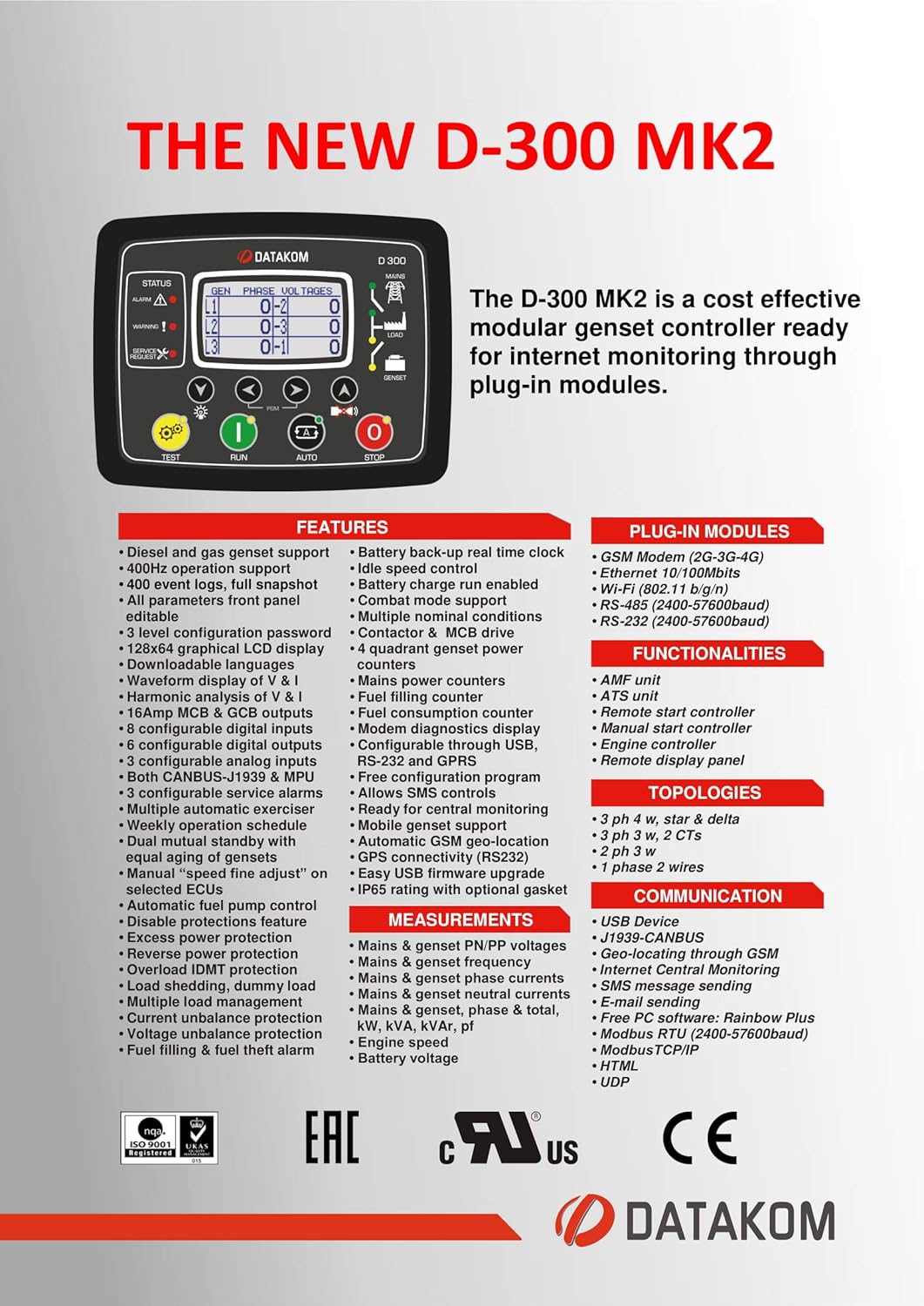 Datakom D-300-MK2 Genset Controller Front View with Features