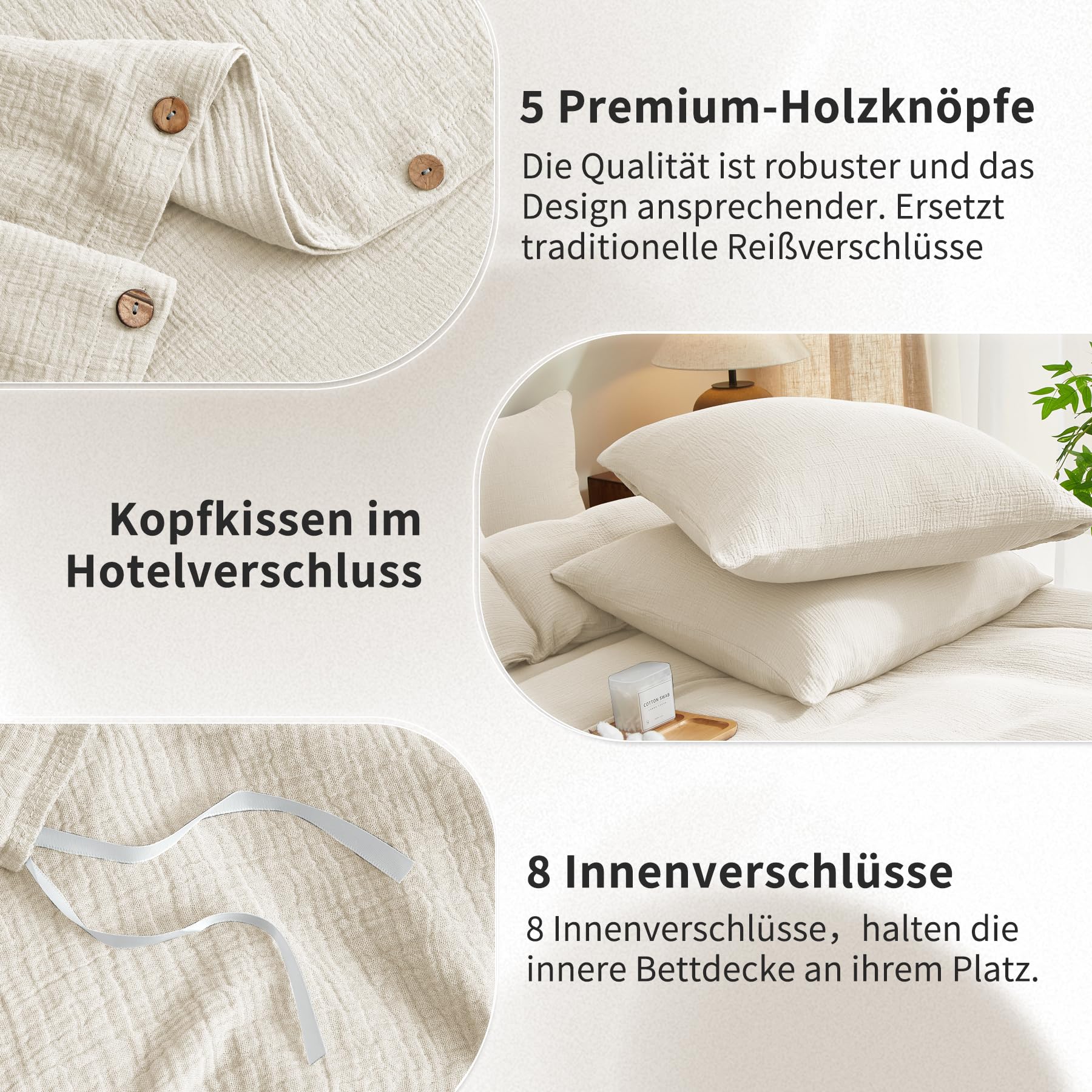 Bailix Premium Musselin Bettwäsche Sets 155x220 3 teilig 100% Baumwolle atmungsaktiv & bügelfrei Bettbezüge 155x220cm + 2er Kissenbezüge 80x80cm Oeko-Tex Bettwäsche-Sets mit Knöpfe Weiß
