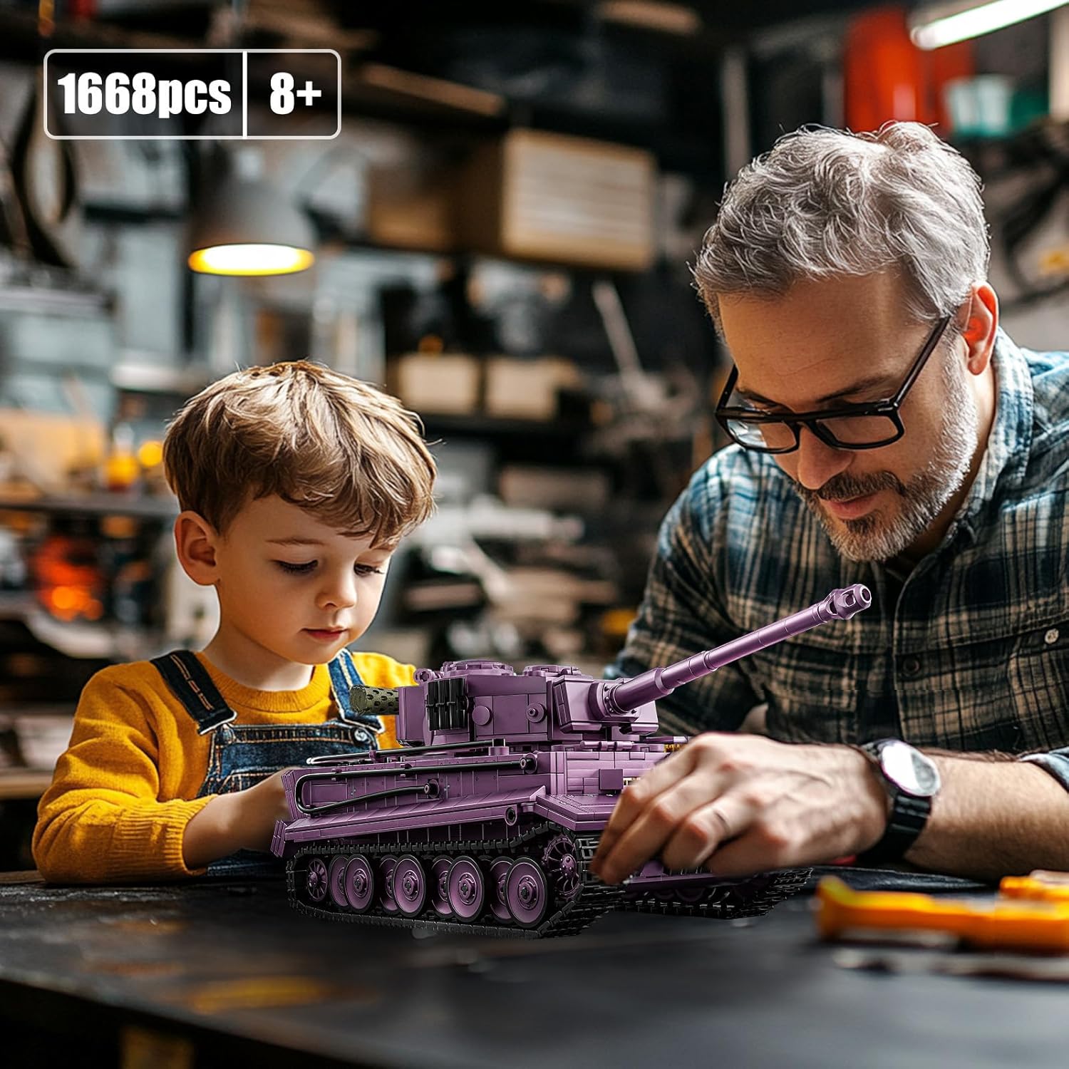 Adult and child assembling the Tiger Tank building blocks set