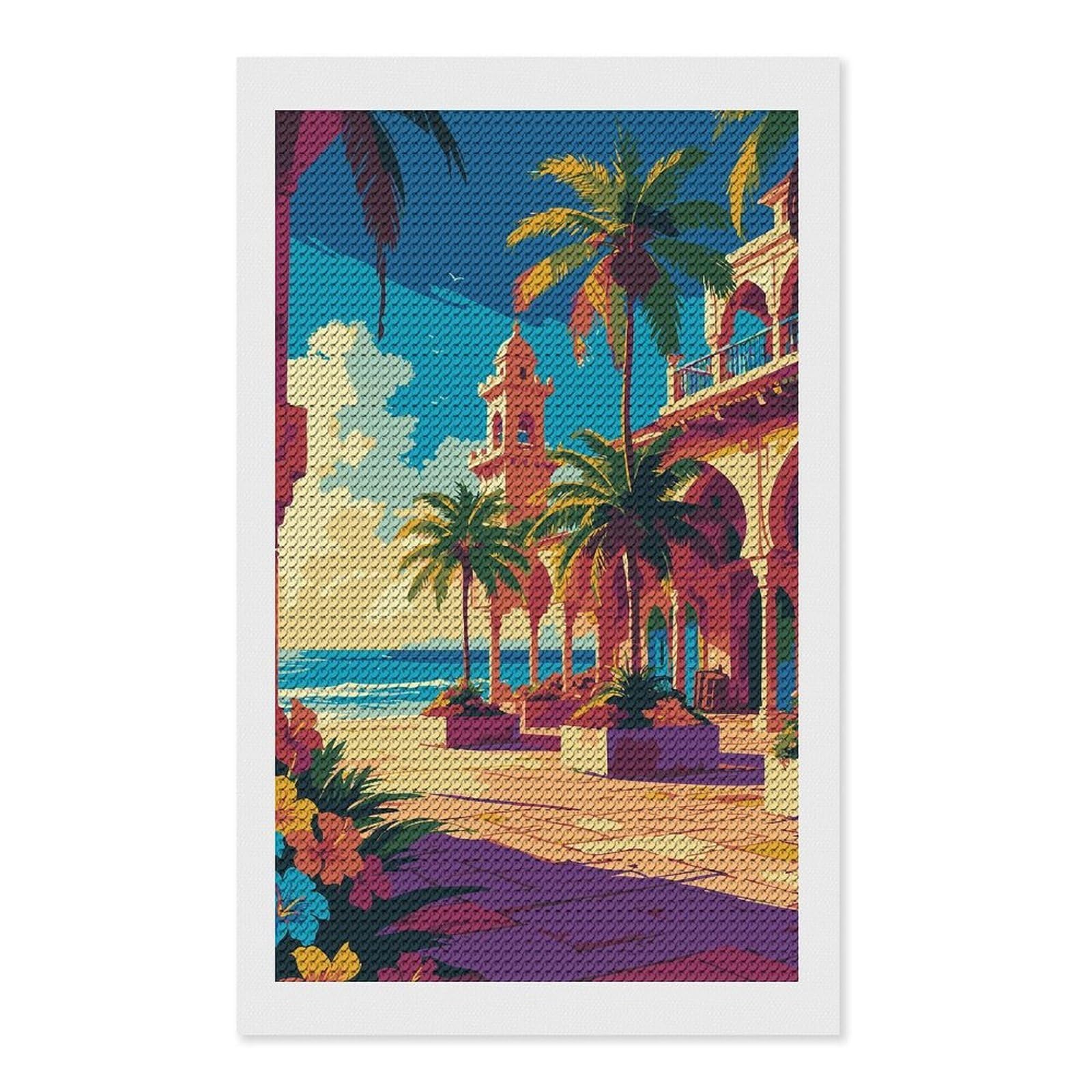 Junmoney Tropical Beach Resort Illustration Diamond Painting Canvas Set 12"x20", Satisfying Creative Project, Easy to Follow Symbols, Fun Craft Experience