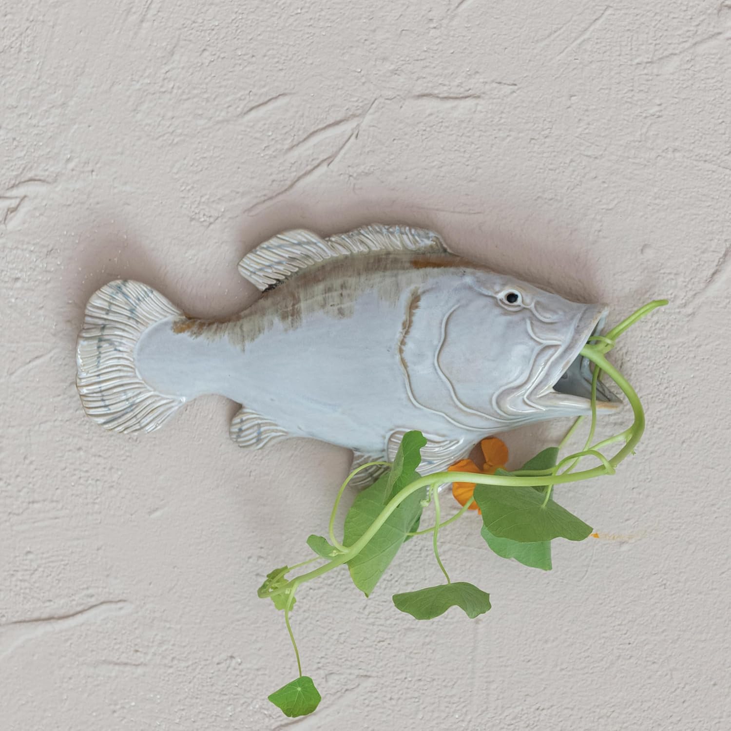 White and Tan Ceramic Fish Shaped Wall Vase