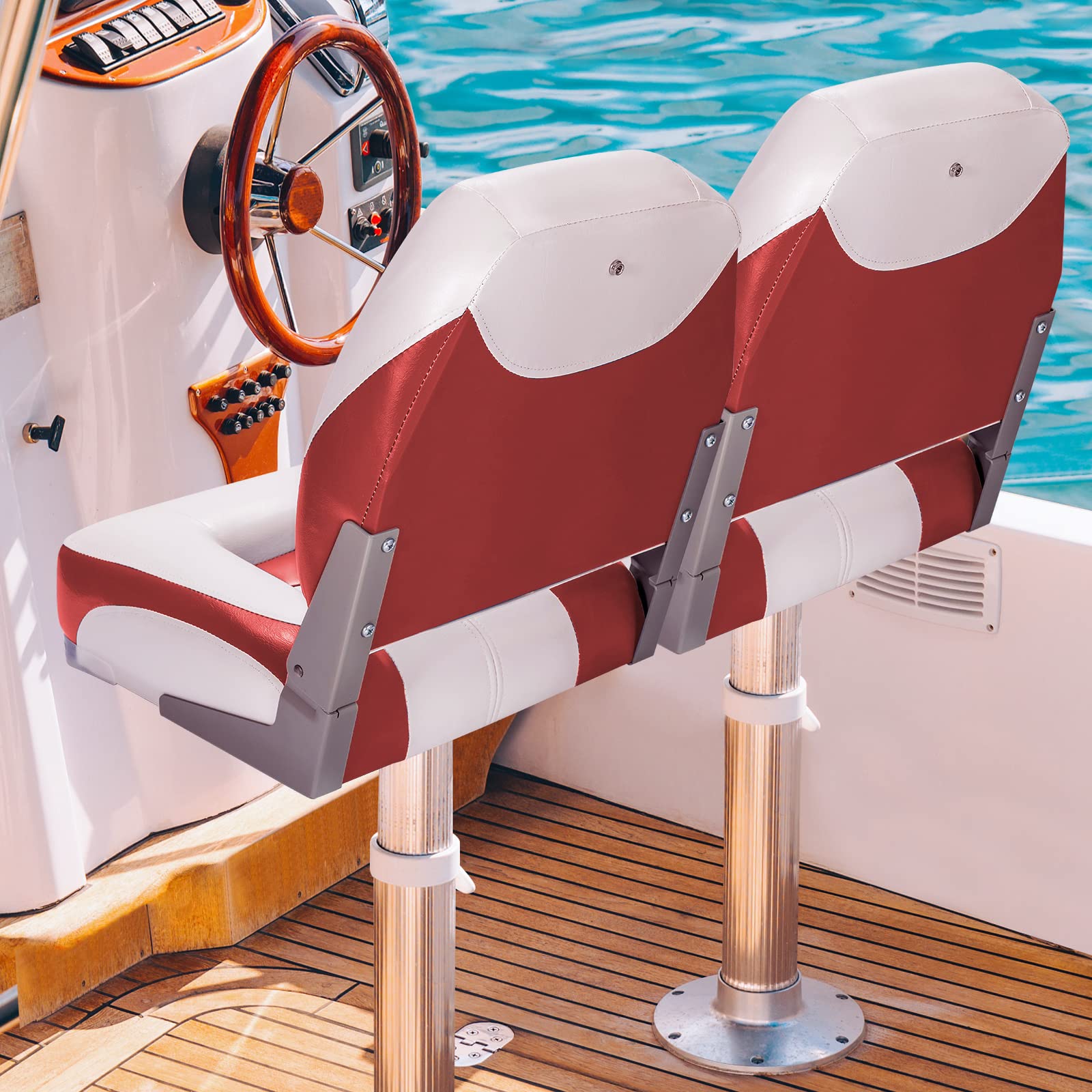 HOMASIS Juego de 2 Asientos de Barco Plegables Ergonómicos con Cuero de PVC Impermeable y Acolchado de Esponja, para Velero Barco de Pesca Yate, Carga de 100 kg, 50 x 52 x 42 cm Rojo