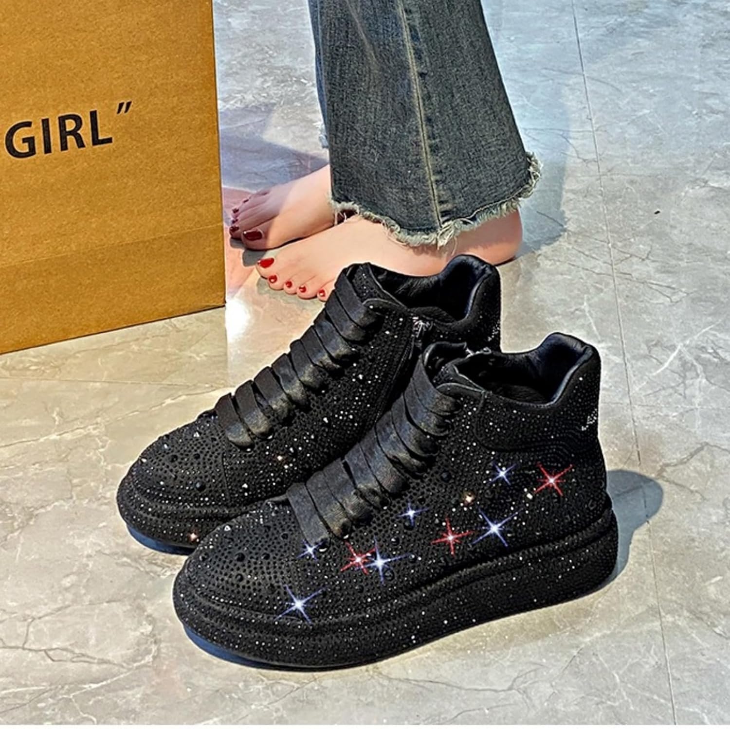 Amtopiyo Women's Glitter Rhinestones High-Top Sneakers Platform Lace-Up Fashion Sporty Booties - Image 2