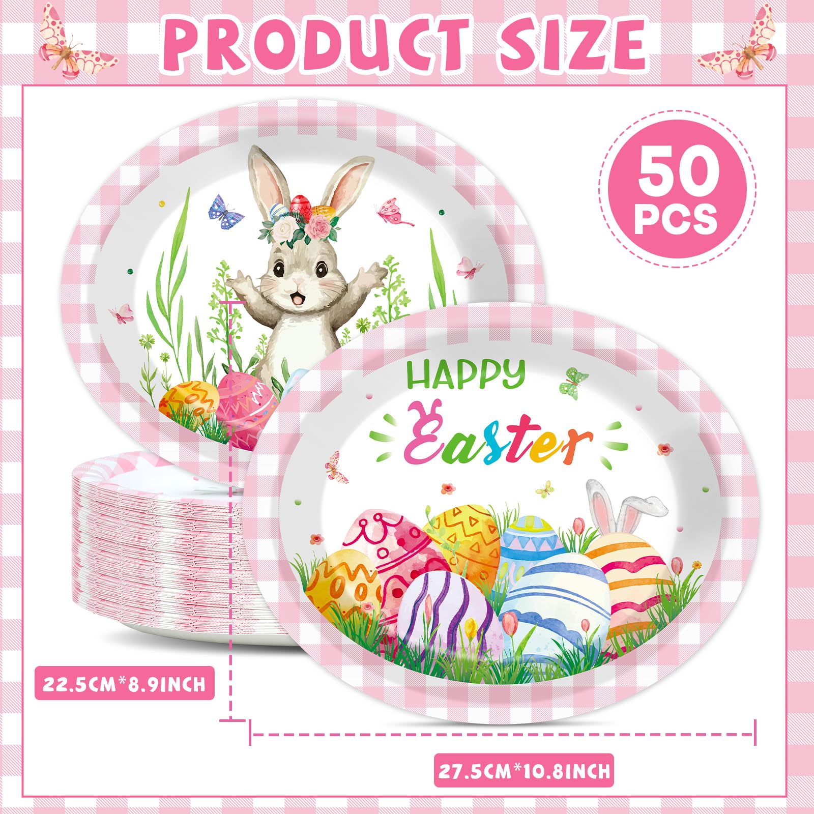 Wiooffen 50Pcs Easter Oval Party Plates Easter Bunny Egg Oval Paper Plates Tableware Pink Plaid Serving Dish Trays Platters for Spring Baby Shower Wedding Birthday Party Table Decor Supplies 50 Guests
