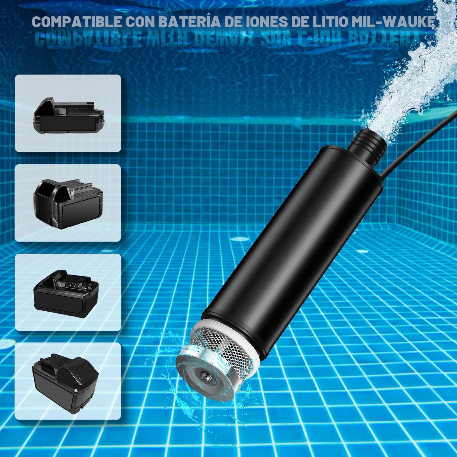 Bomba sumergible inalámbrica compatible con batería Milwaukee M18V (sin batería), 100 W, 635 GPH, bomba de sumidero portátil sin escobillas con manguera de 1 m, bomba de agua para piscina, jacuzzi