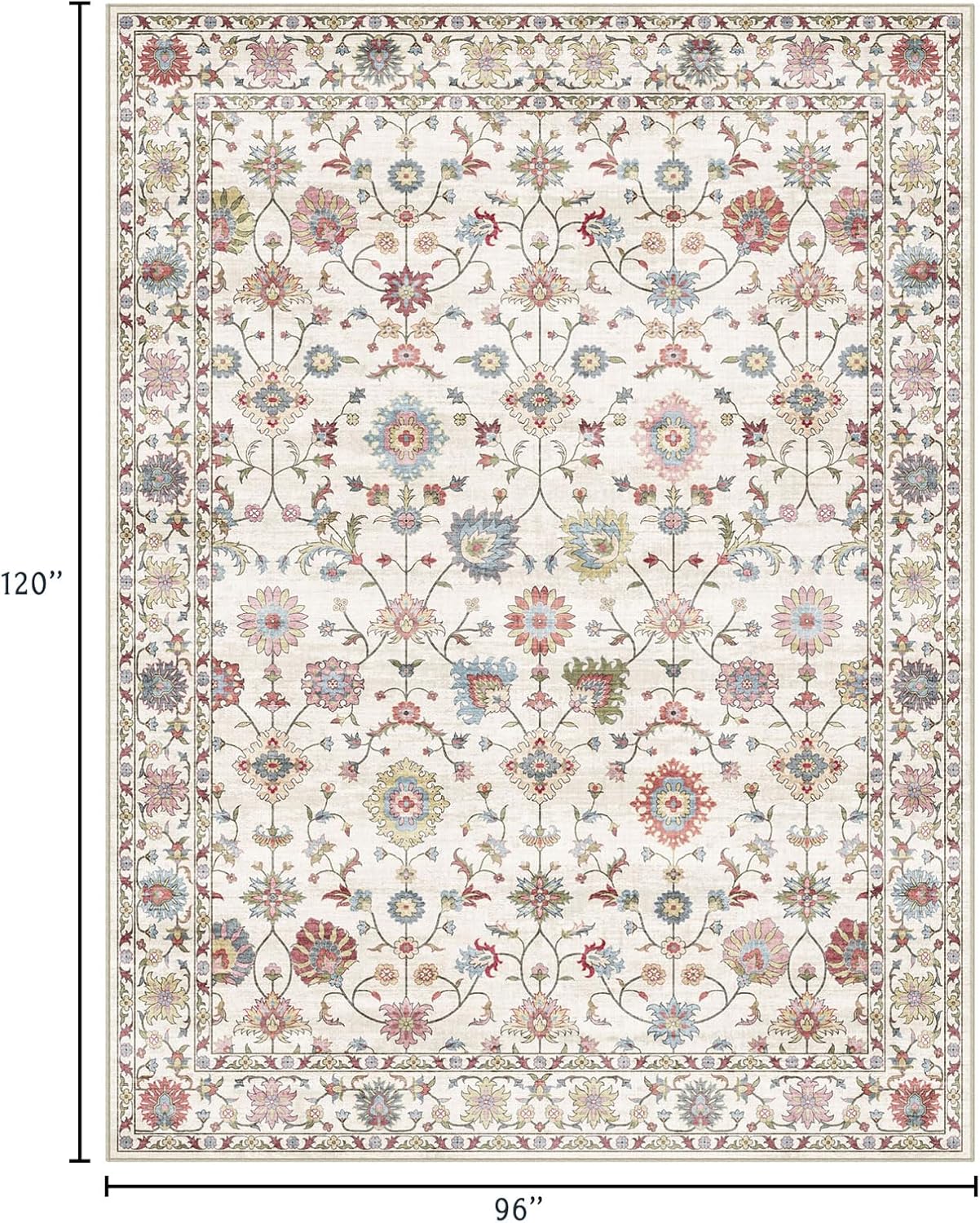 Washable Area Rug 8x10 - Large Cream Colorful Boho Rugs for Living Room Soft Vintage Bedroom Rug Ultra-Thin Traditional Floral Carpet Farmhouse Rug for Dining Room Guest Room Home Decor