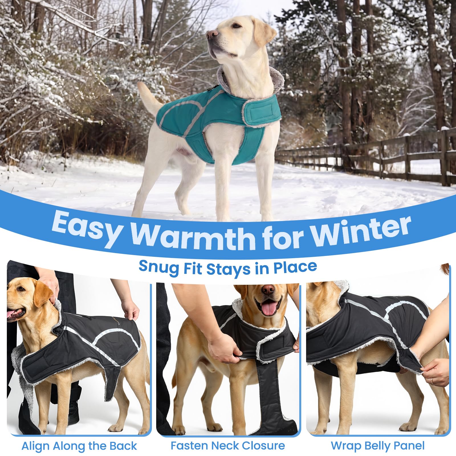 VIVAGLORY Abrigo Cálido para Perro, Abrigos para Perros en Clima Frío con Detalles Reflectantes, Chaqueta de Invierno a Prueba de Nieve y Viento, Turquesa, M