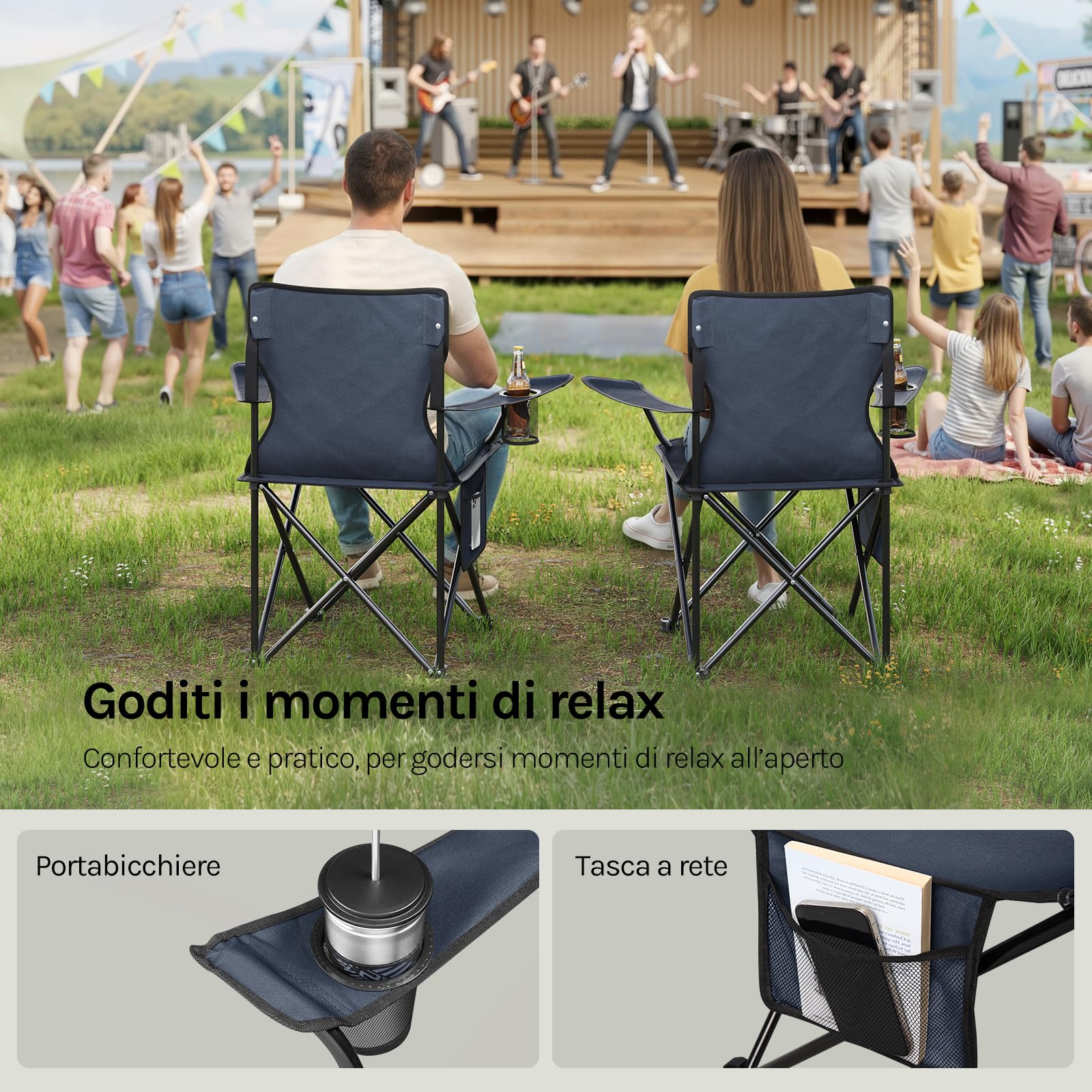 WOLTU Set di 2 Sedie da Campeggio, Sedie Pieghevoli con Borsa di Trasporto, Portabicchiere e Tasca Laterale, Portata 120 kg Ciascuna, per Pesca, Picnic e Spiaggia,Blu Scuro
