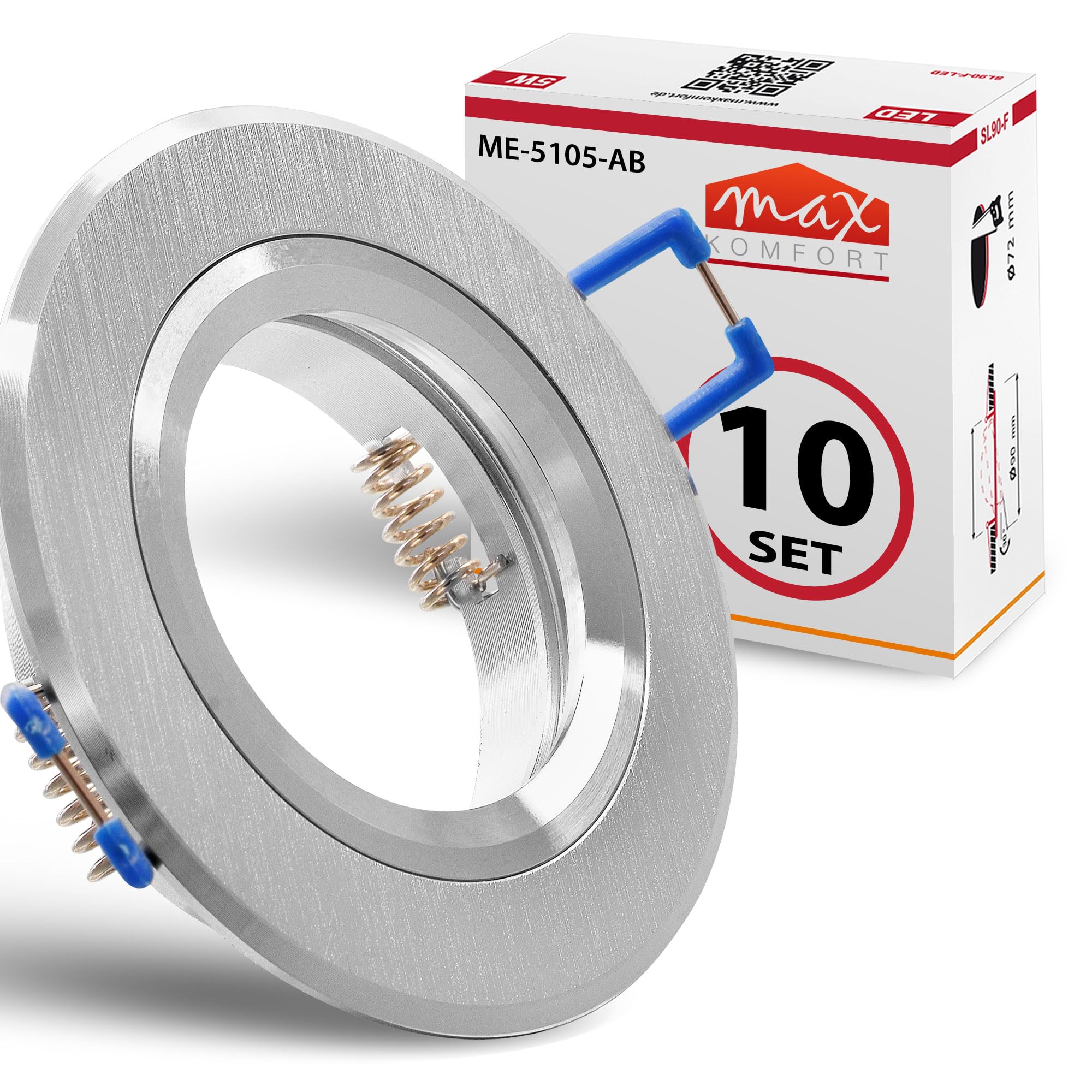 Maxkomfort 10x Hochwertiger Einbaustrahler Aluminium-gebürstet für MR16 LED GU10 Fassung 230V rund Einbauleuchte Einbauspot Rahmen Rostfrei Deckenspot Strahler Spot Aluminium 5105