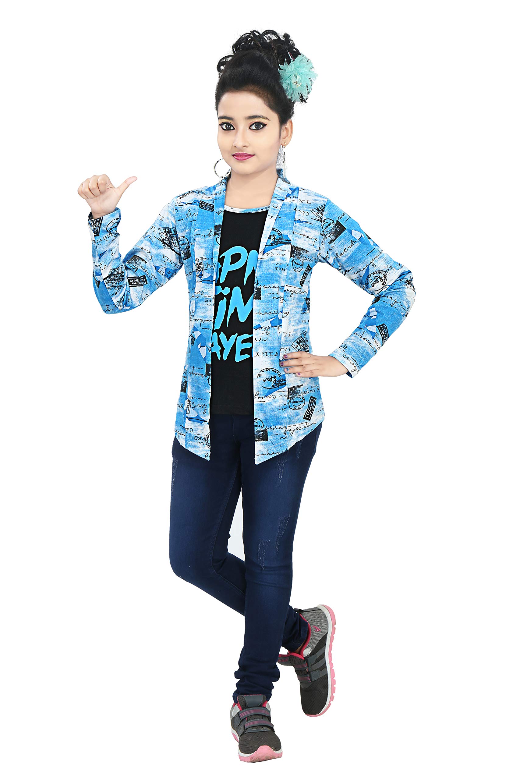 SDS Fashion Girl's Full Sleeve Cotton Black apna time aayega Printed T-Shirt with Blue Printed Jacket Shrug (7-9 Years) 2