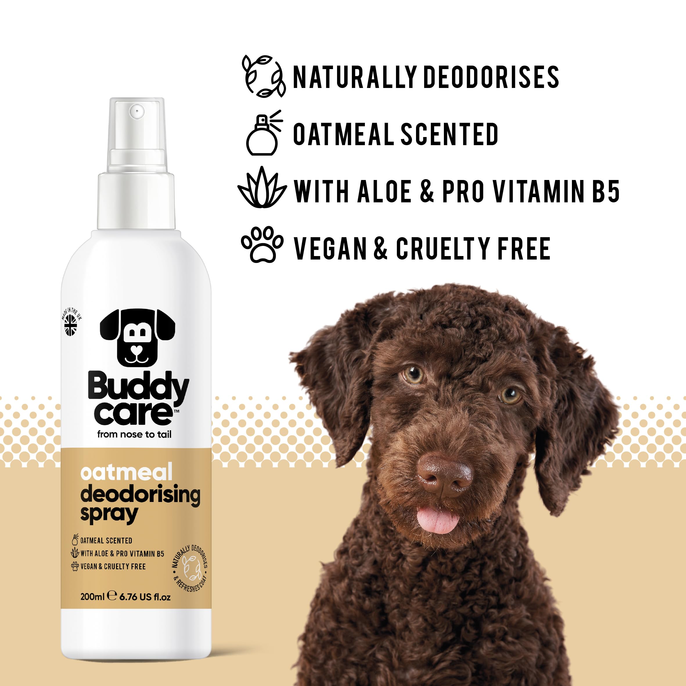 Buddycare | Dezodorant w sprayu dla psów - kojący dezodorant w sprayu dla psów - z aloesem i witaminą B5, mąka owsiana, 200 ml (zestaw 1 szt.)